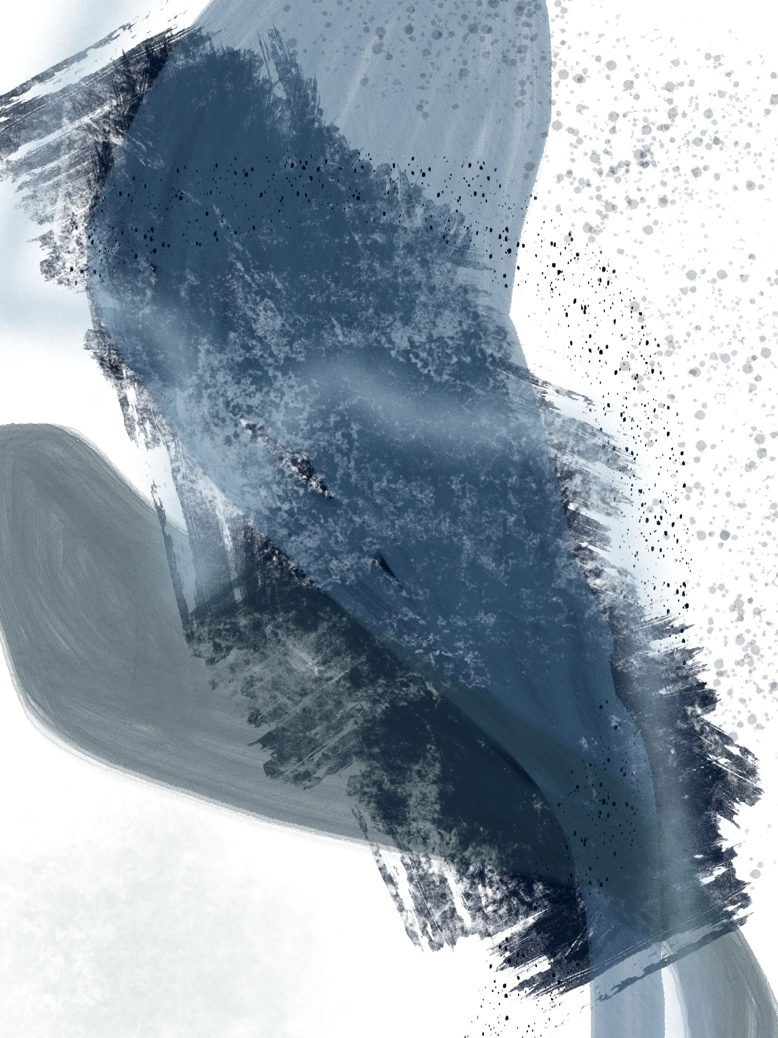 Abstract digital painting with blue, gray, and white brush strokes and splatters.