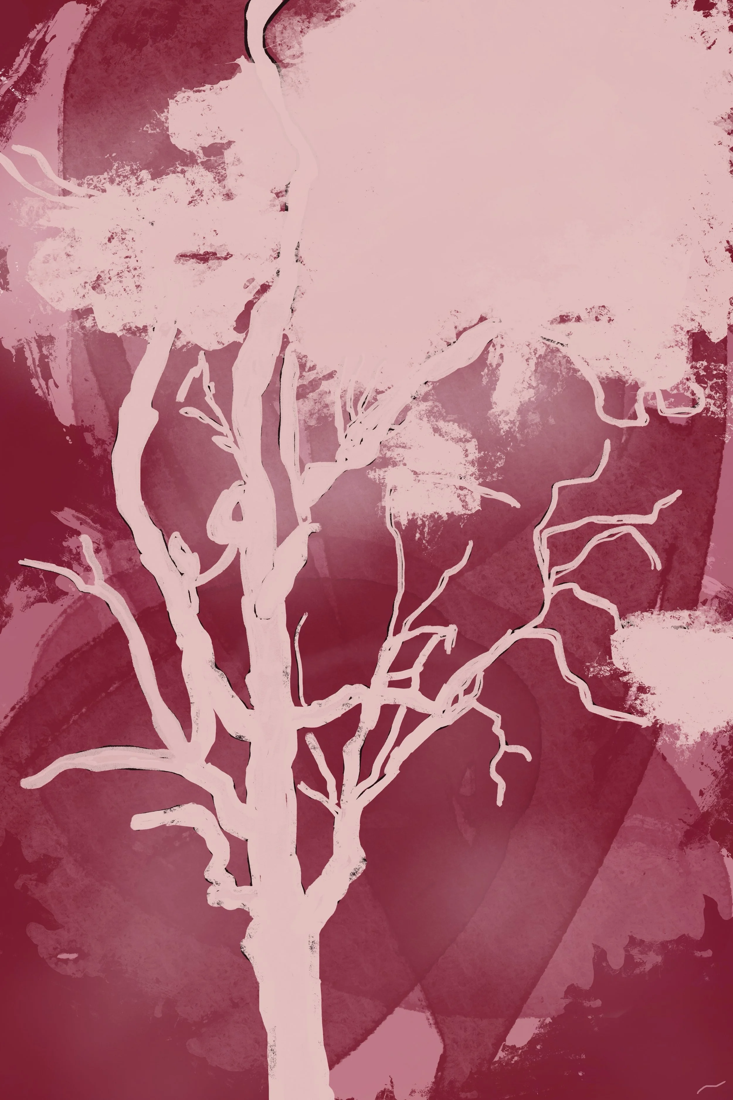 As If Standing Alone Today, I Am Loved III, contemporary abstract artwork depicting surreal forest in a bright deep magenta palette.