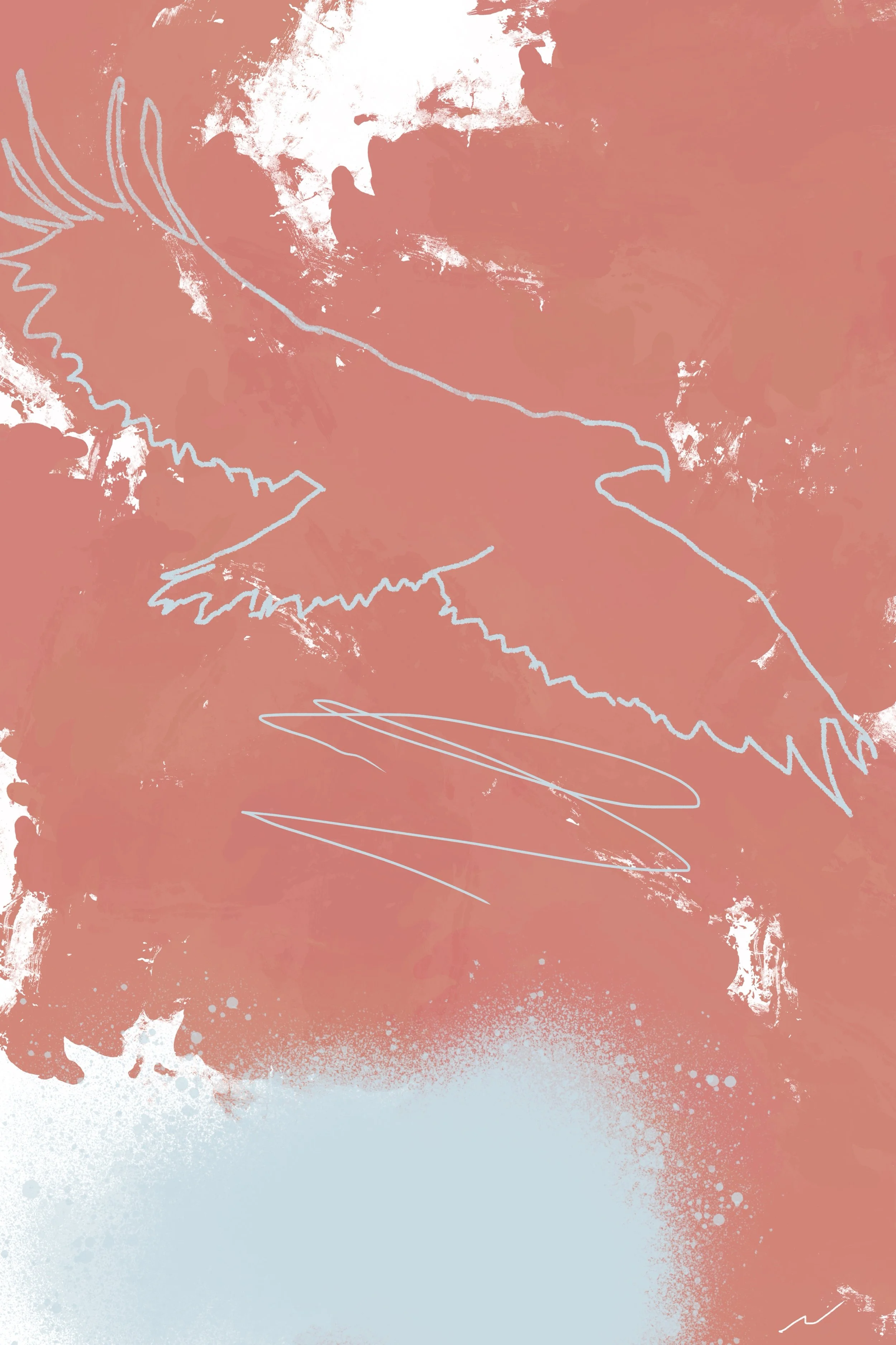 My Deeply Rooted Desire for Freedom III urban landscape in coral and mellow blue palette, featuring a one-line eagle soaring in the sky. Part III of a triptych.