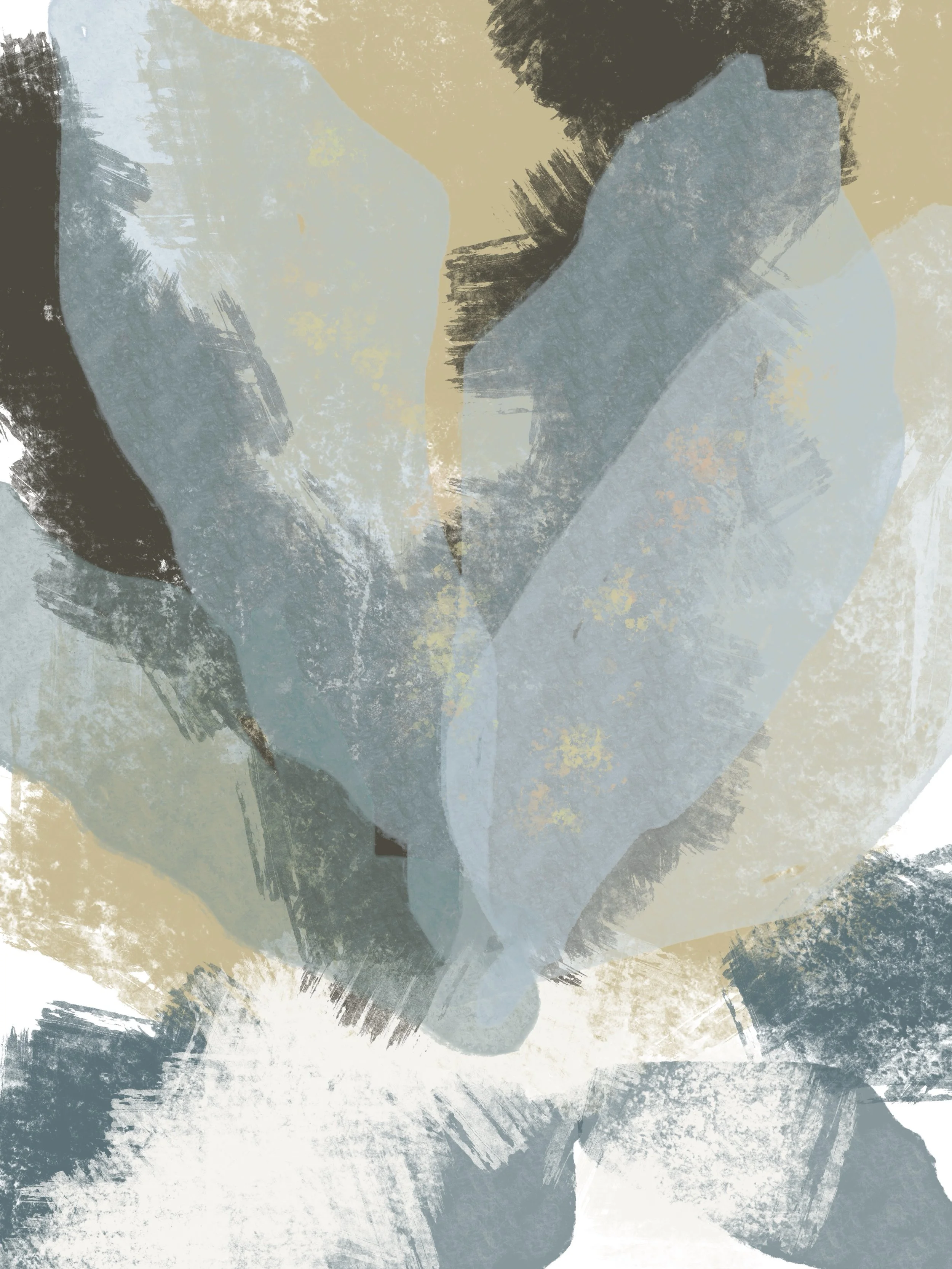 Abstract digital painting of two hands embracing, with a textured, muted color palette of blues, beiges, and grays.
