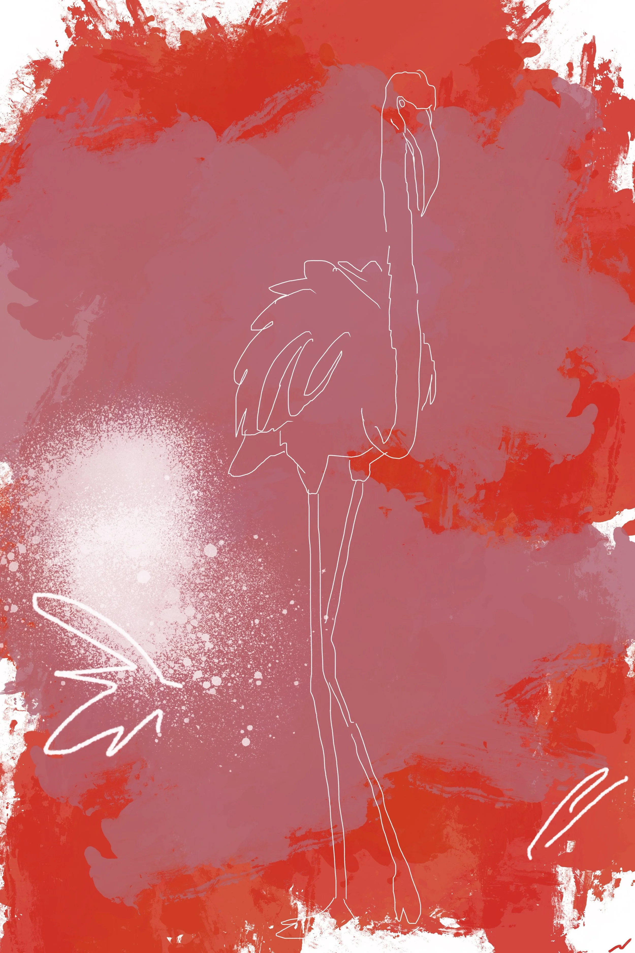 Like a Flamingo: My Connection with You I original digital artwork featuring one-line flamingo silhouettes against a textured red background with expressive painterly details and contemporary minimalist styling.