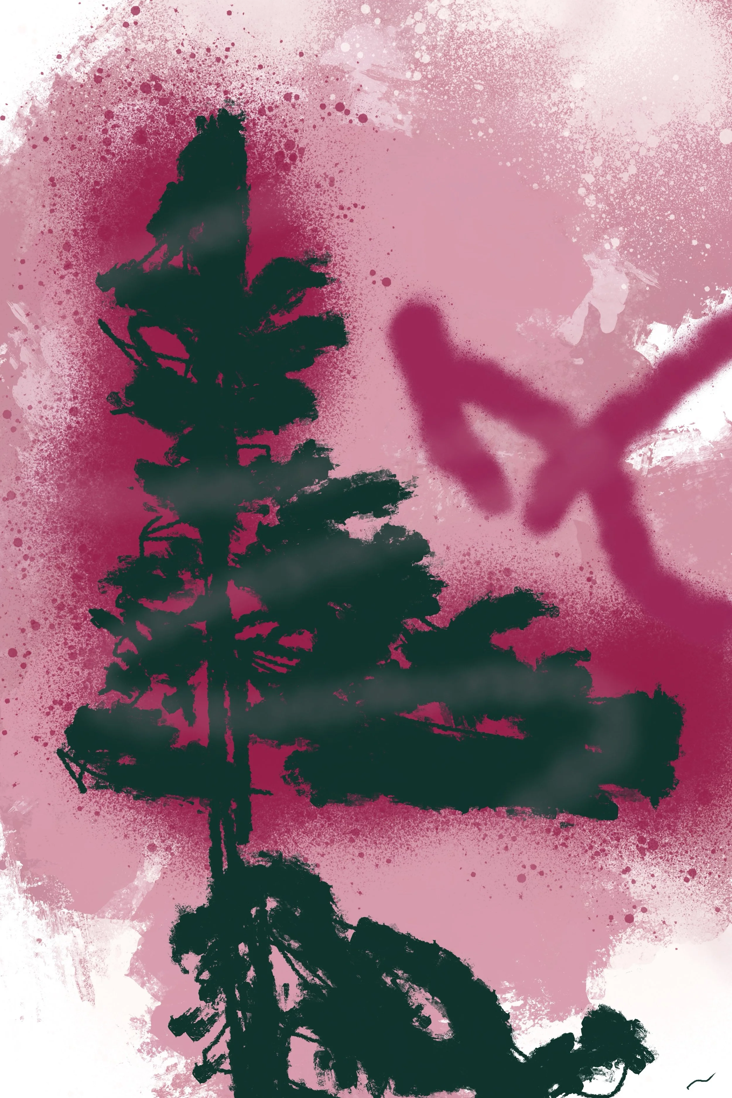As Silent Sentinels, They Pierce a Bleeding Morning Sky I, an expressive urban landscape featuring conifer treetops against a bright red morning sky backdrop.