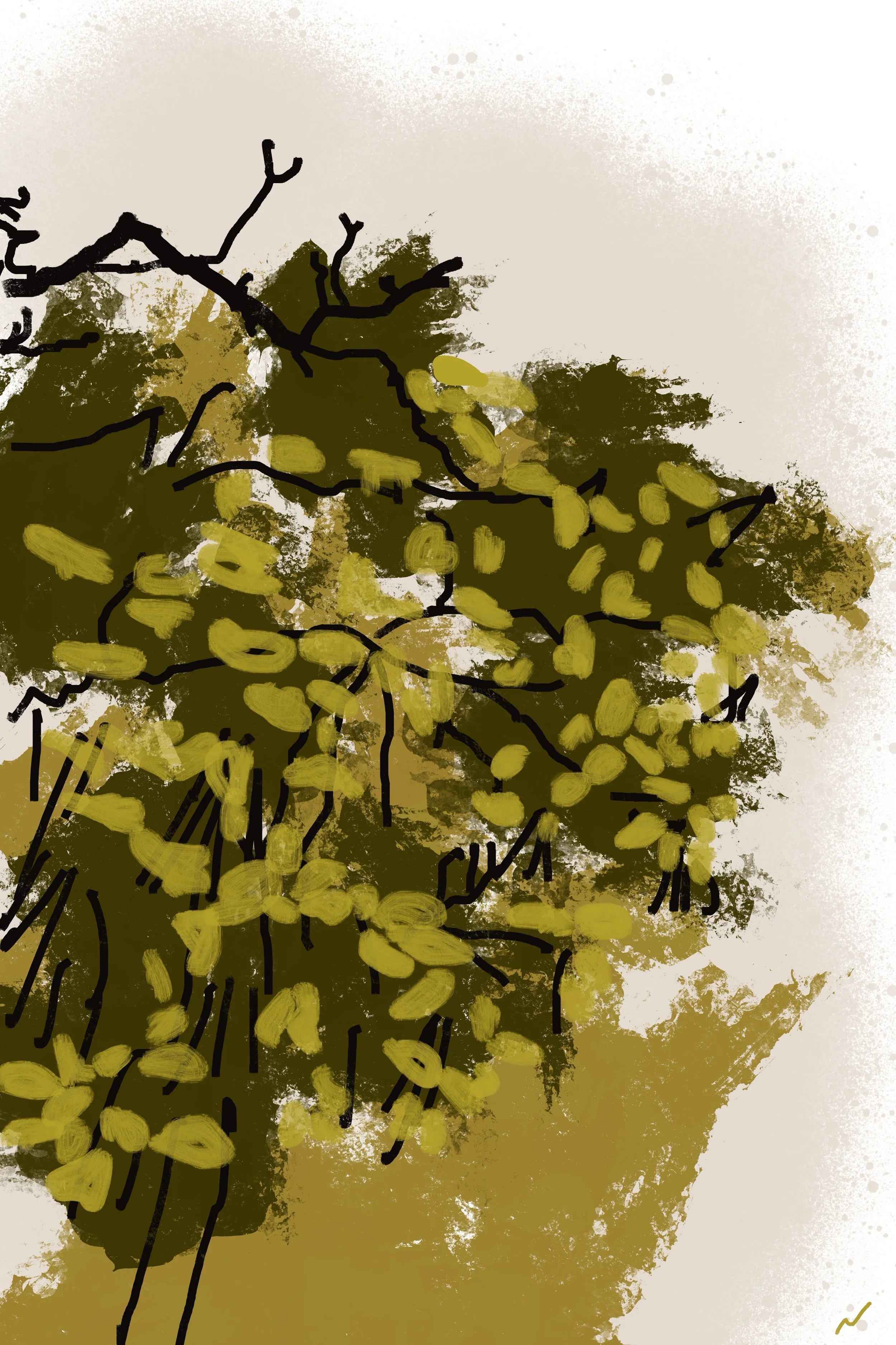 Urban graffiti-inspired landscape wall art featuring treetops, blending tactile impasto textures with expressive, nature-themed composition. Part of triptych, 1 of 3.