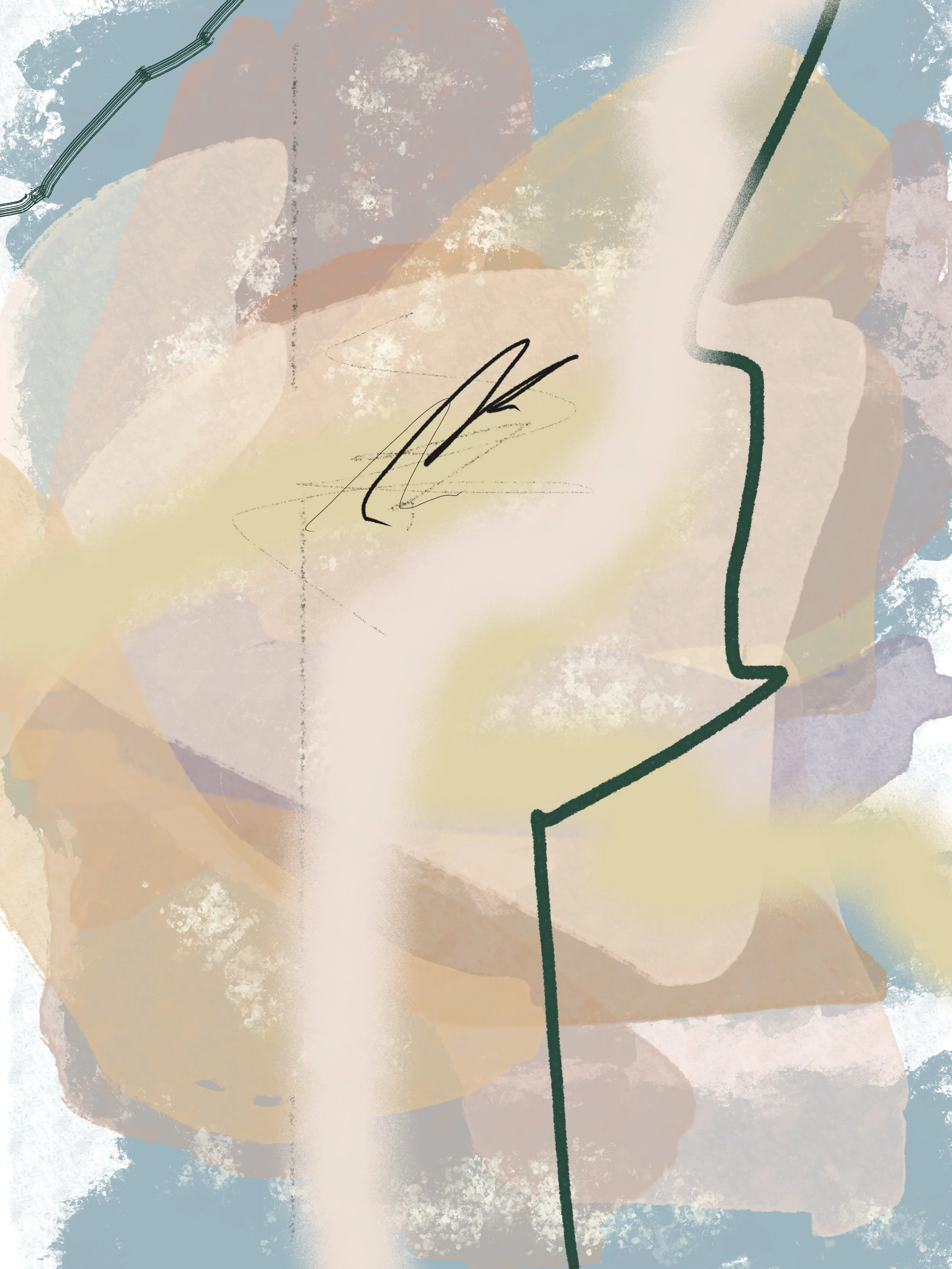 Abstract digital artwork with pastel colors, black scribbles, and irregular lines, resembling foliage or floral shapes.