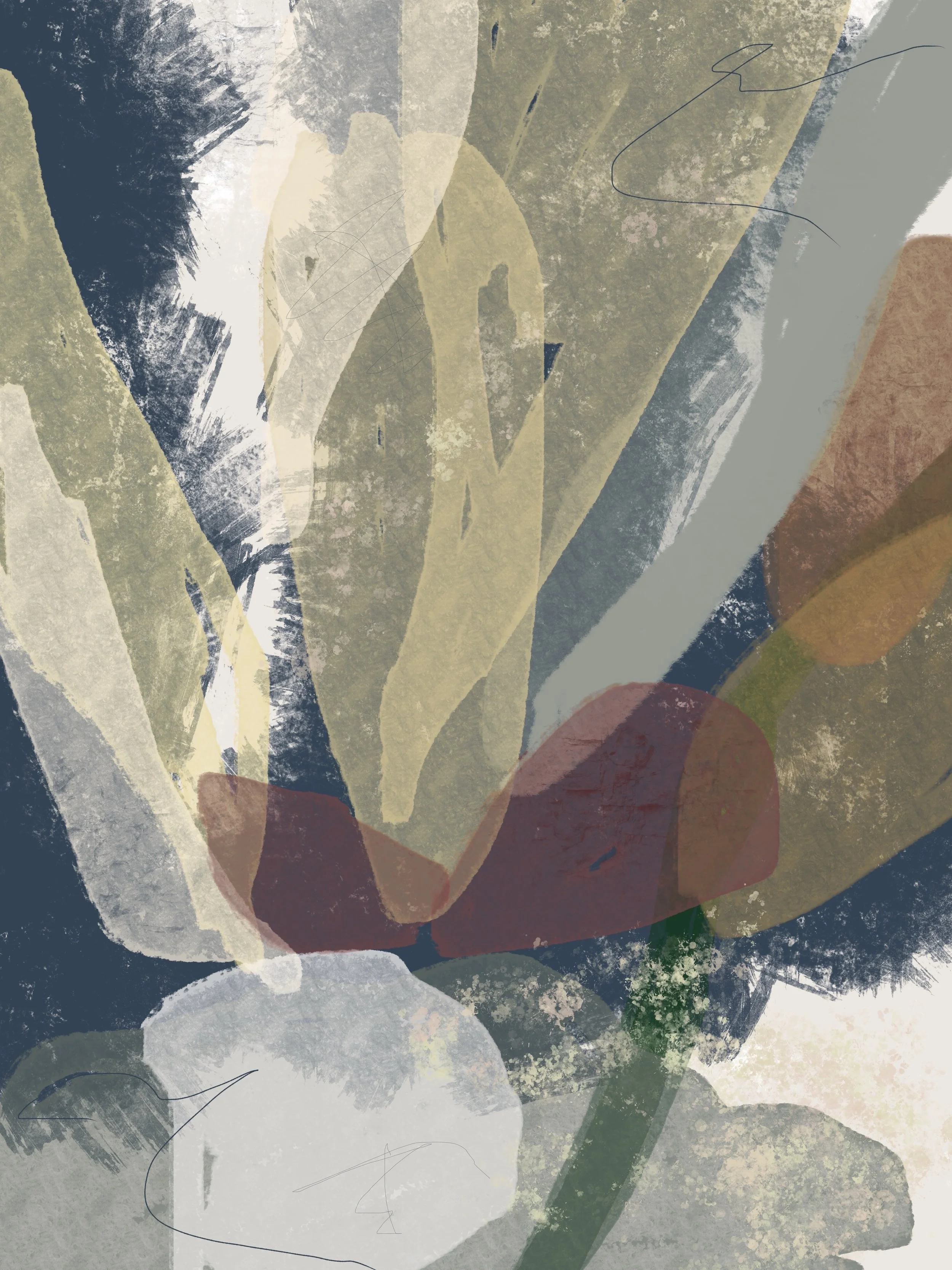 Abstract painting with muted colors, including beige, navy, gray, brown, and hints of green and red, resembling layered brushstrokes and textures.