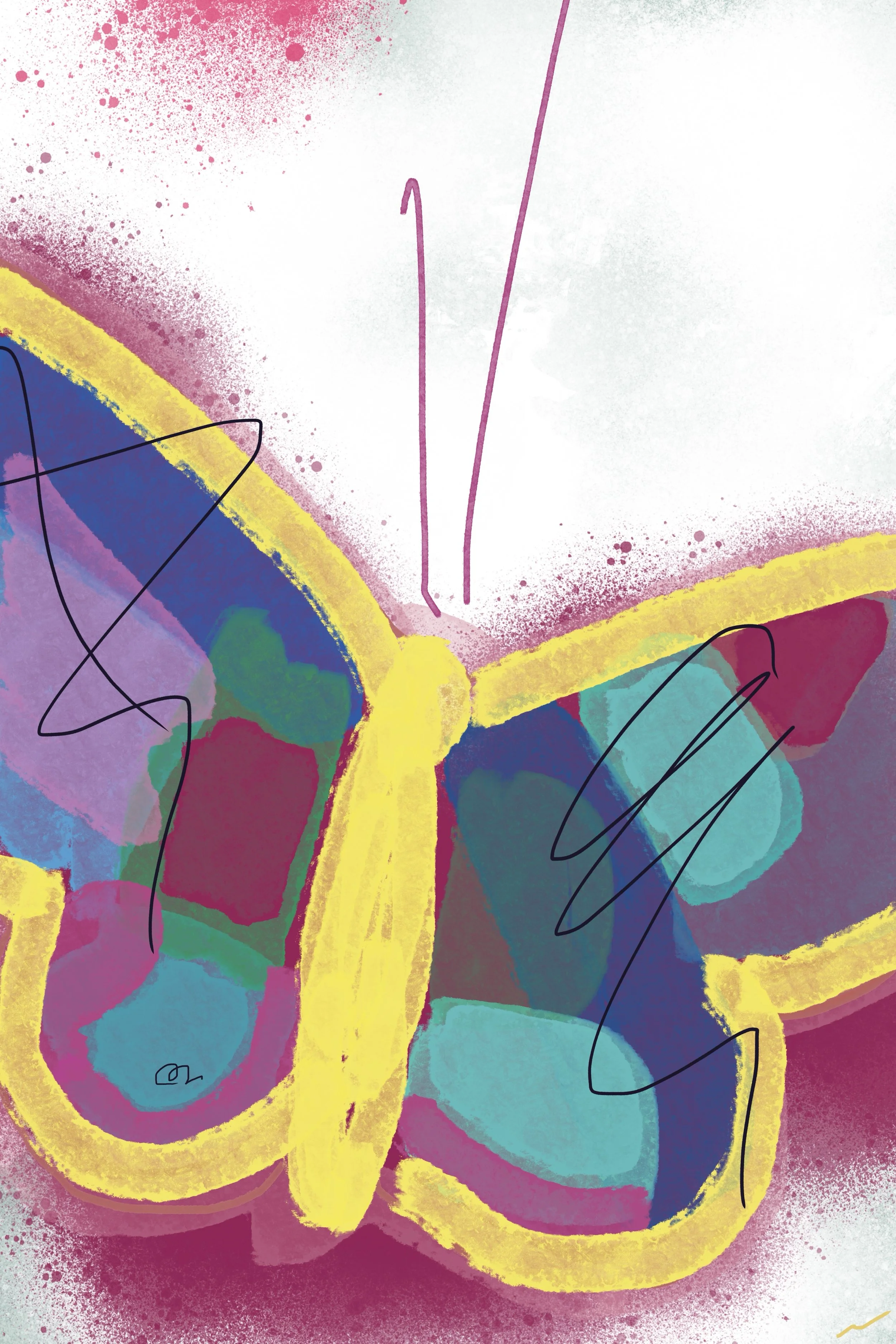 The Rhythm of Movement: Like Fire, Like Shadows I, a vibrant graffiti-style butterfly artwork with bold yellow, blue, green, and red textures against a muted mauve background, expressive tropical jungle wall art with high-energy color movement.