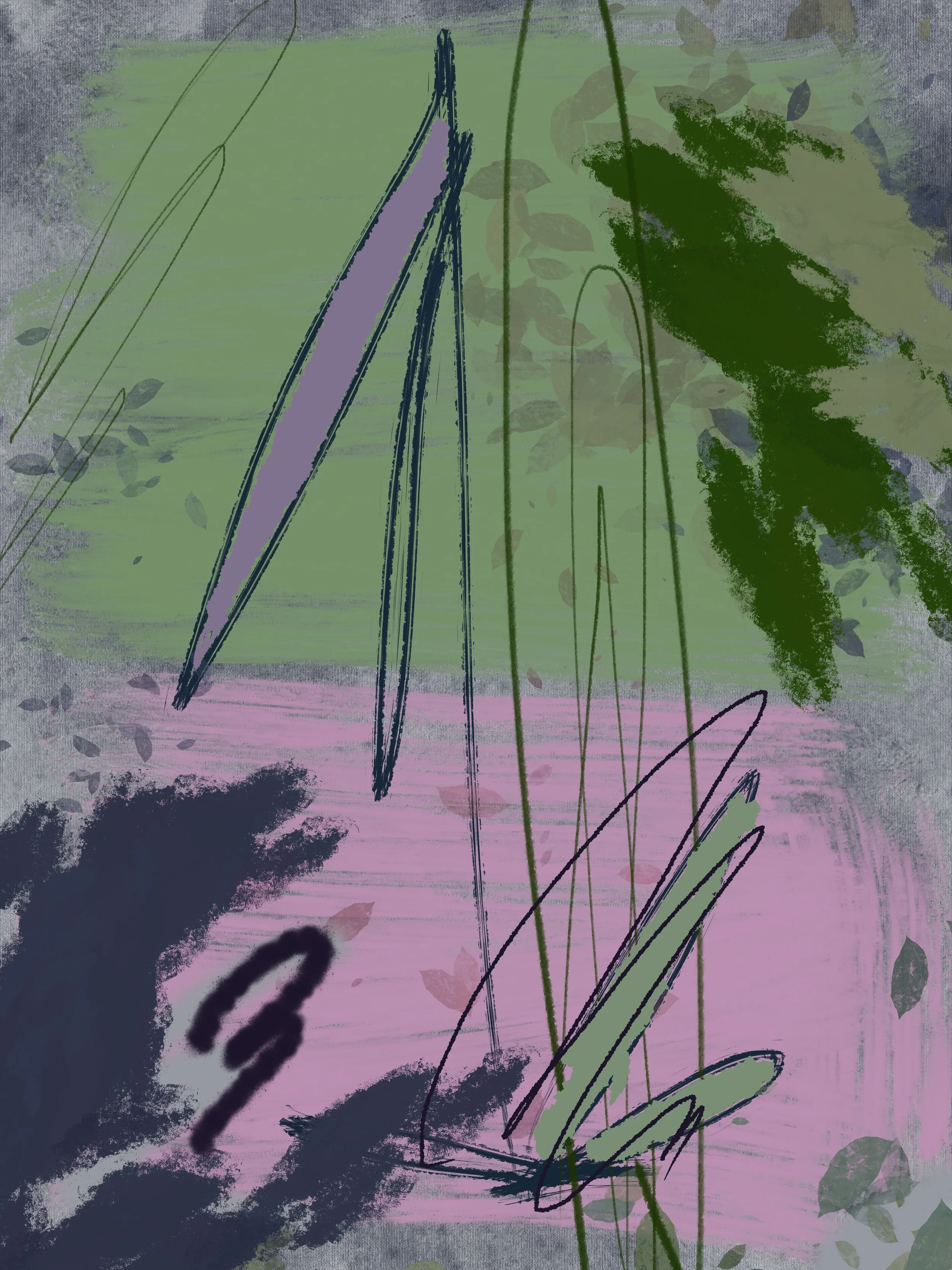 Atmospheric expressionist artwork where abstracted evergreen forms emerge through gestural movement and layered texture. Dream Amid Bushy Shrubs polyptych, 2 of 3.