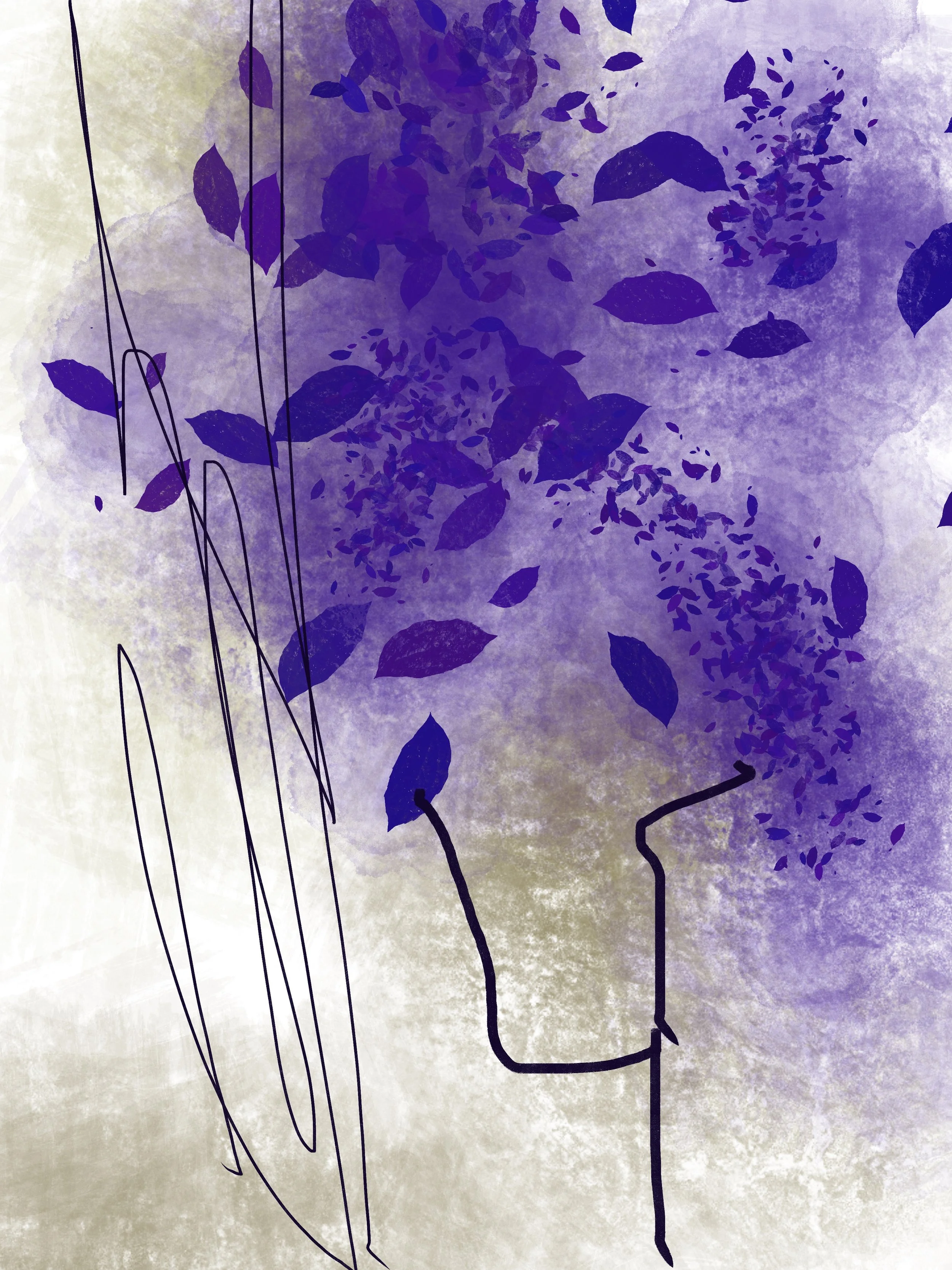 You and I Are Forever—Within That Boundary We Play I — vibrant abstract botanical artwork with dissolving organic forms and weightless leaves sweeping through deep purples, vivid greens, and luminous yellows.