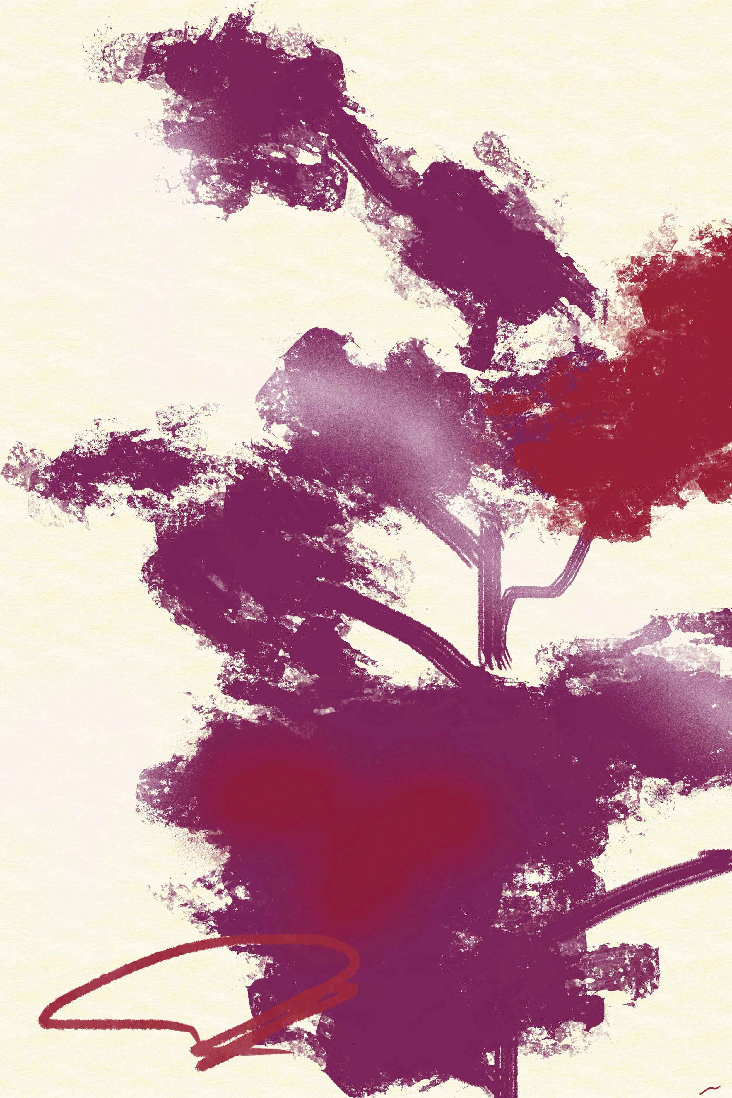 Crimson Crest: Green Needles Stitch the Red Air II, an expressive urban landscape featuring conifer treetops in a crimson red palette.