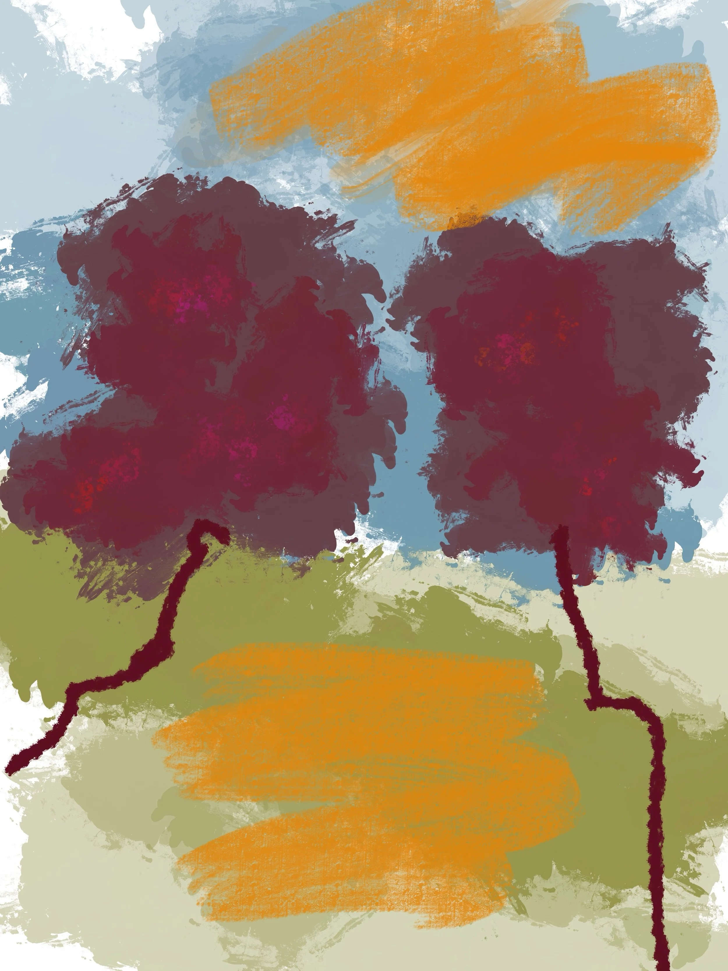 Abstract digital painting of two trees with dark purple and red foliage, brown trunks, green grass, a blue sky, and orange clouds or sun.