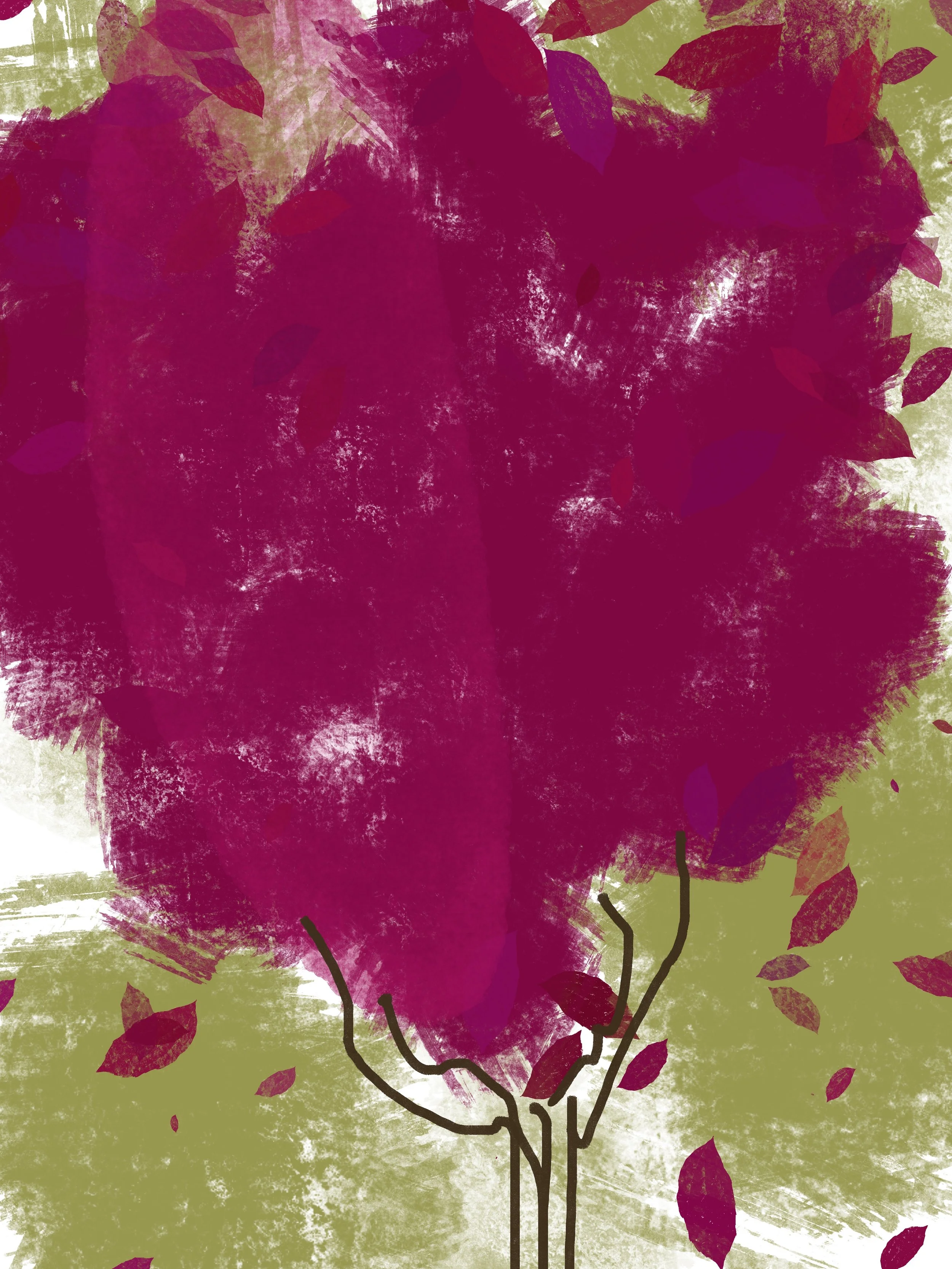 Love Is Only a Small Distance Away II — vibrant abstract botanical artwork featuring dense, organic forms in magenta pink, red, and electric lime green, arranged in a richly textured composition.