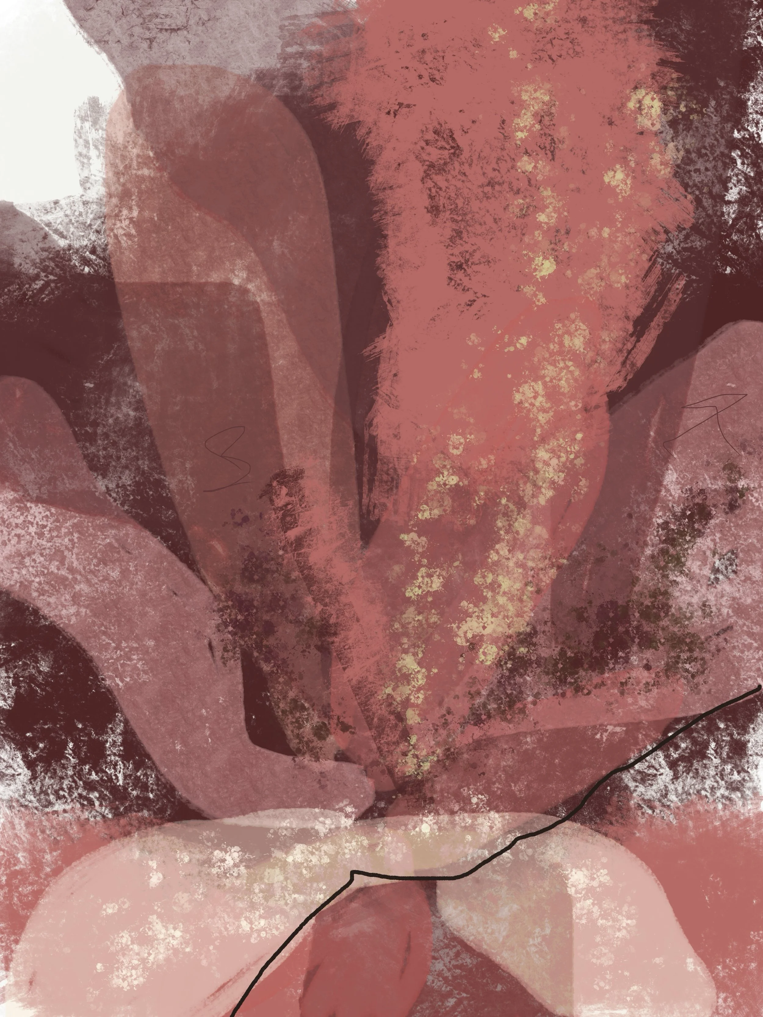 Abstract digital art with pink, red, and cream-colored organic shapes and textures, with a thin black line running diagonally across the lower part.