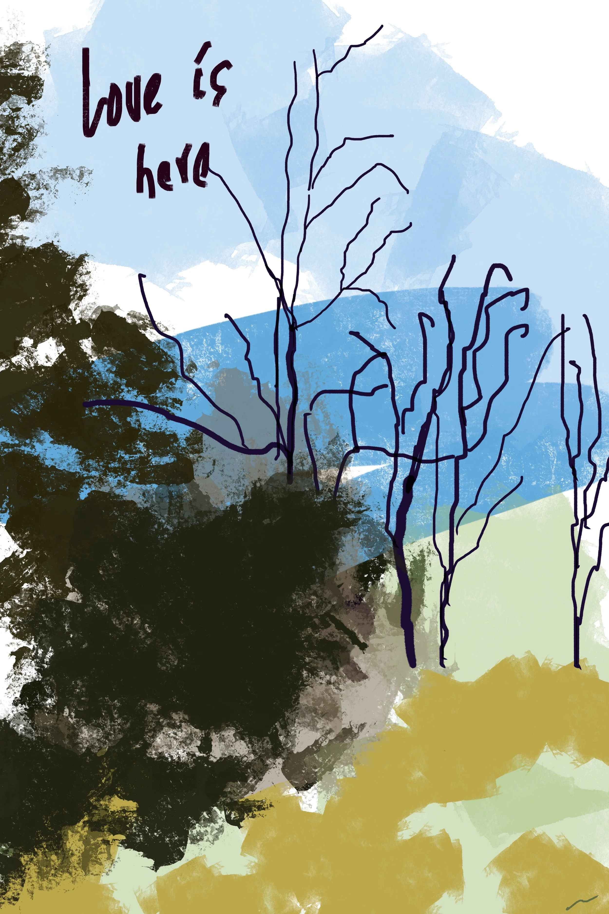 The Fleeting, Fragile Light of Sunrise… Love Is Around II, an original digital artwork featuring a graffiti-inspired forest landscape with expressive layered foliage, vibrant textures, and contemporary biophilic wall art design.