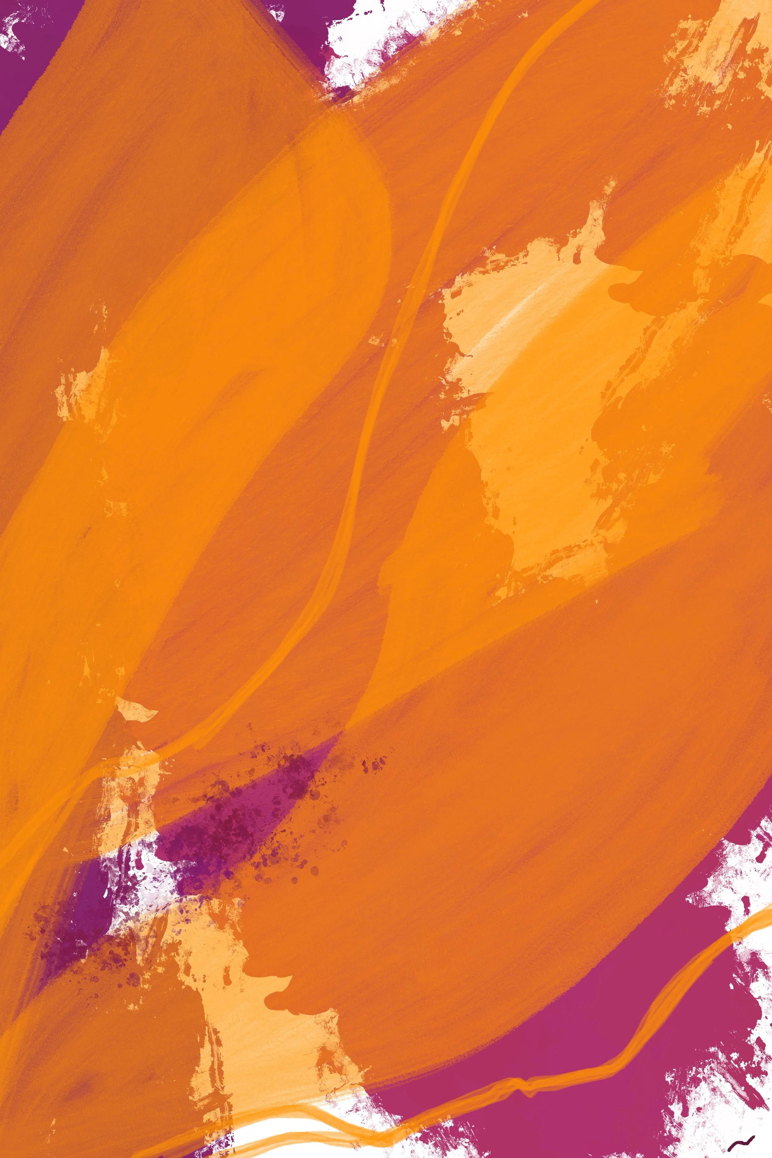 Energetic nature expressionism painting of neon orange flower petals blowing in the wind. Part of triptych, 2 of 3.