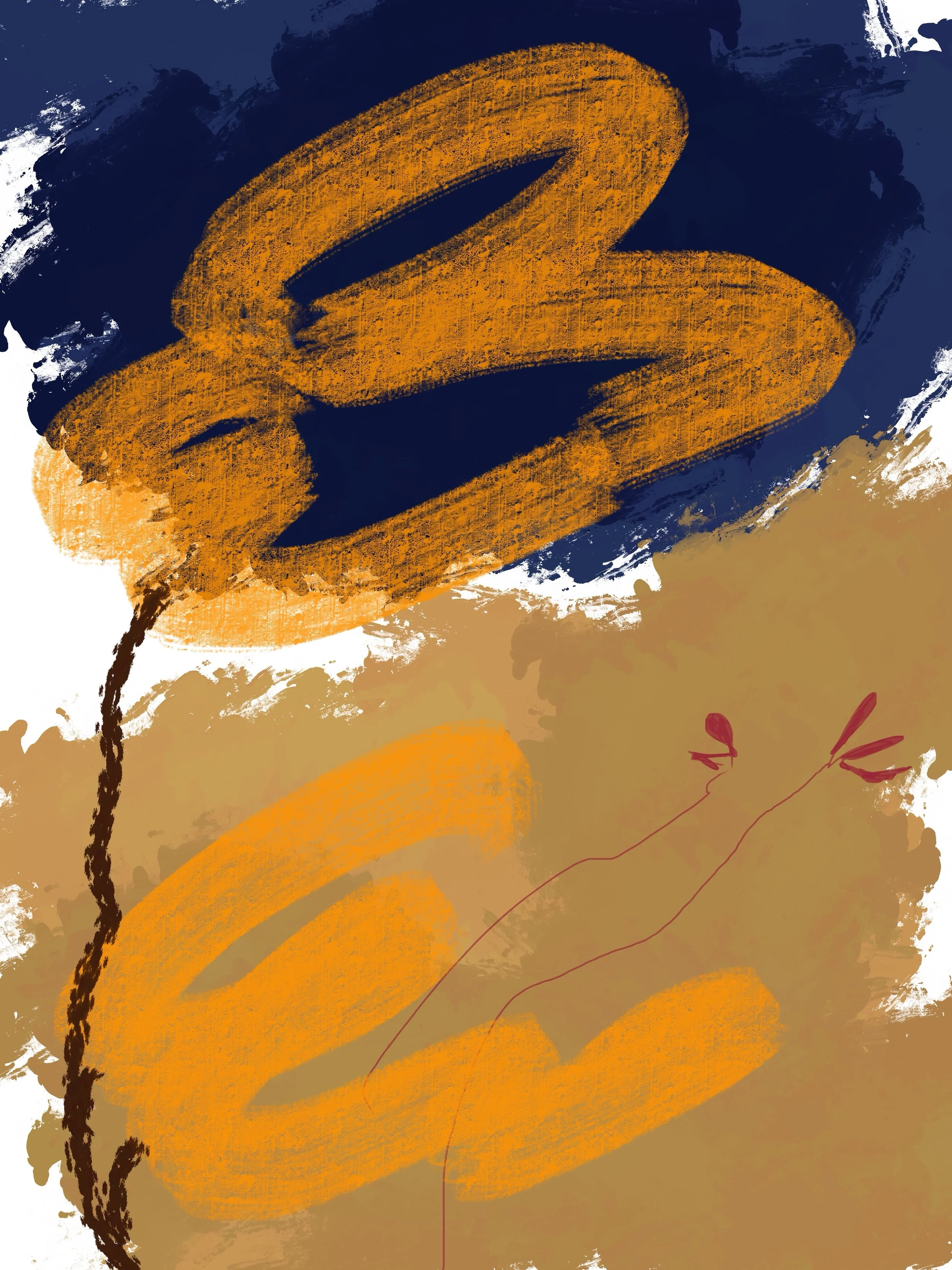 Abstract art with large orange and dark blue brush strokes, featuring tree branches on a beige and indigo background.