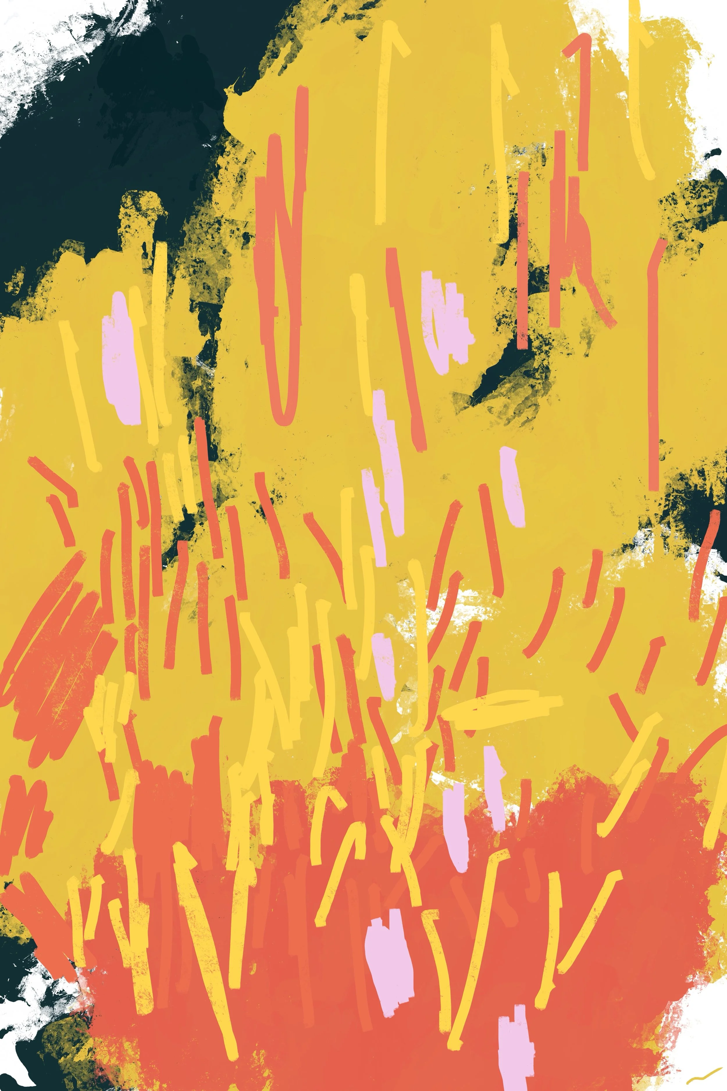 Like Bonfire Flames, the Meadow of My Soul III, contemporary abstract digital artwork depicting a midnight meadow that abstractly evokes glowing bonfire flames through layered textures, expressive marks, and atmospheric movement.