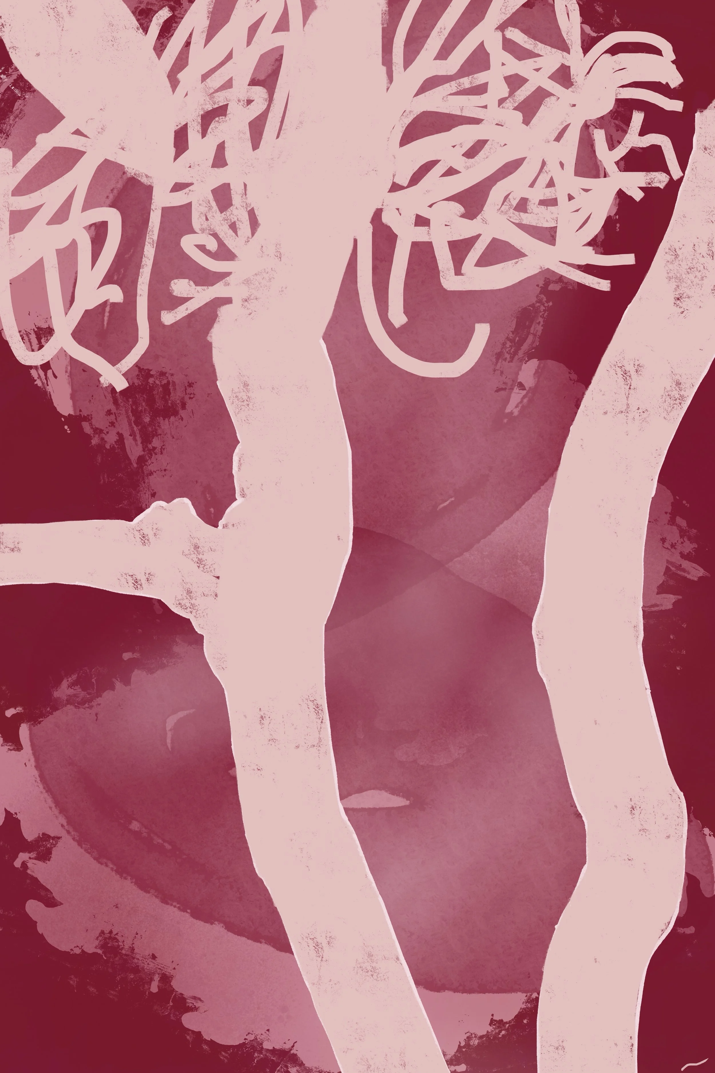 As If Standing Alone Today, I Am Loved I, contemporary abstract artwork depicting surreal forest in a bright deep magenta palette.
