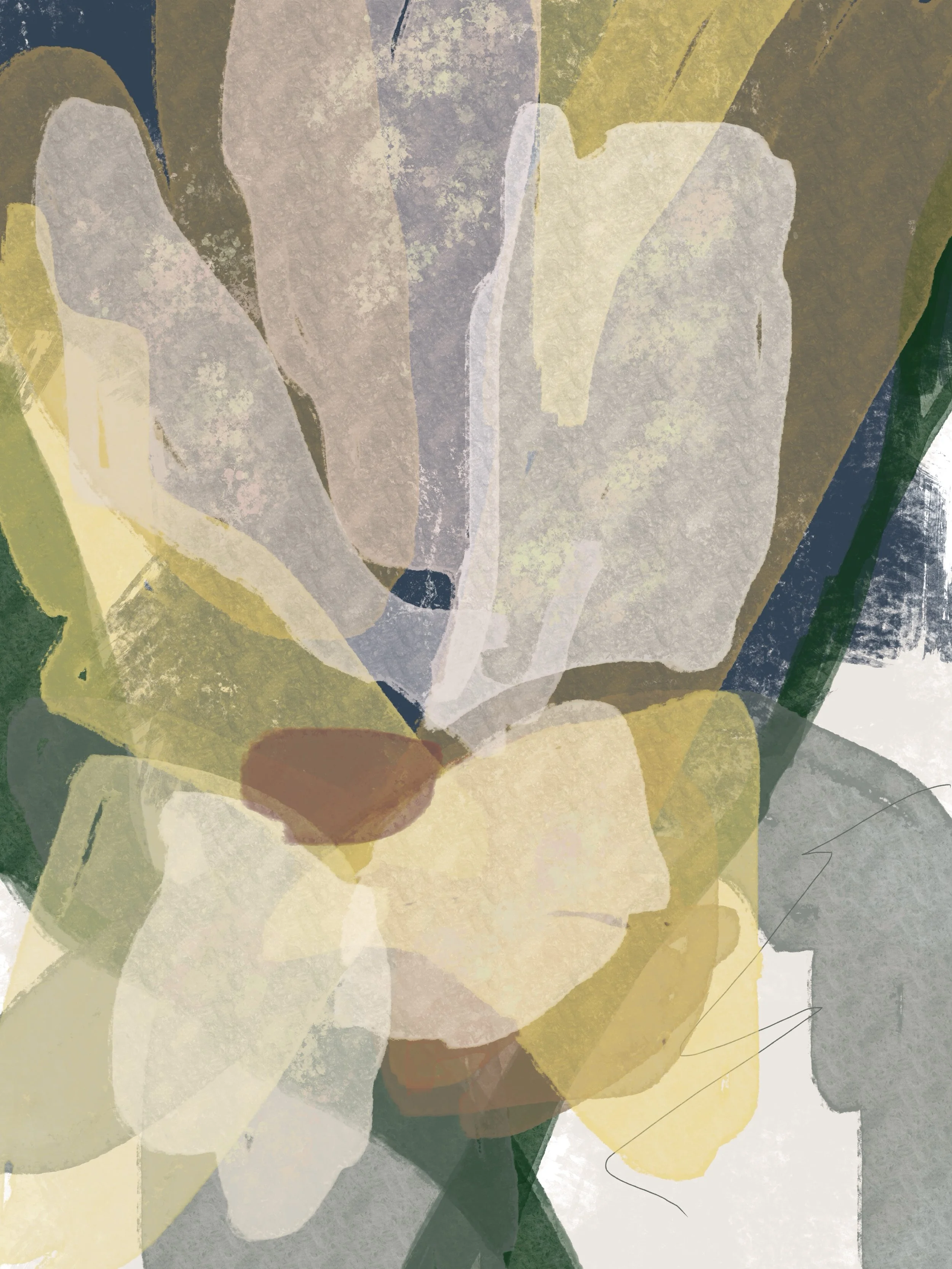 An abstract floral artwork with overlapping shapes in muted colors including yellow, green, gray, and brown.