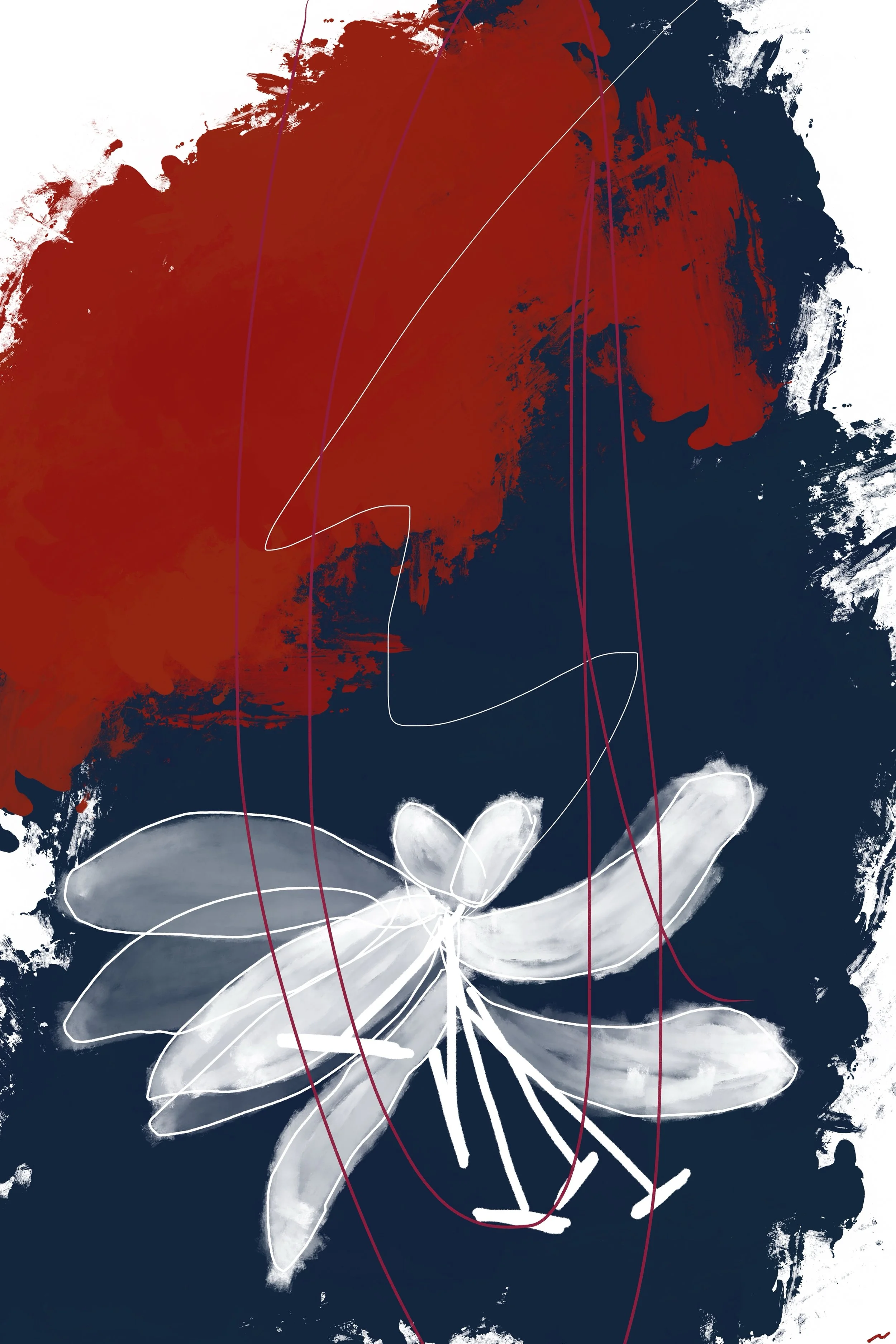 You’re the Beautiful Anomaly in the Quiet Rhythm of My Days III original digital artwork with rich midnight blue and cadmium red tones, layered textures, white botanical forms, and expressive street-art-inspired mark making.