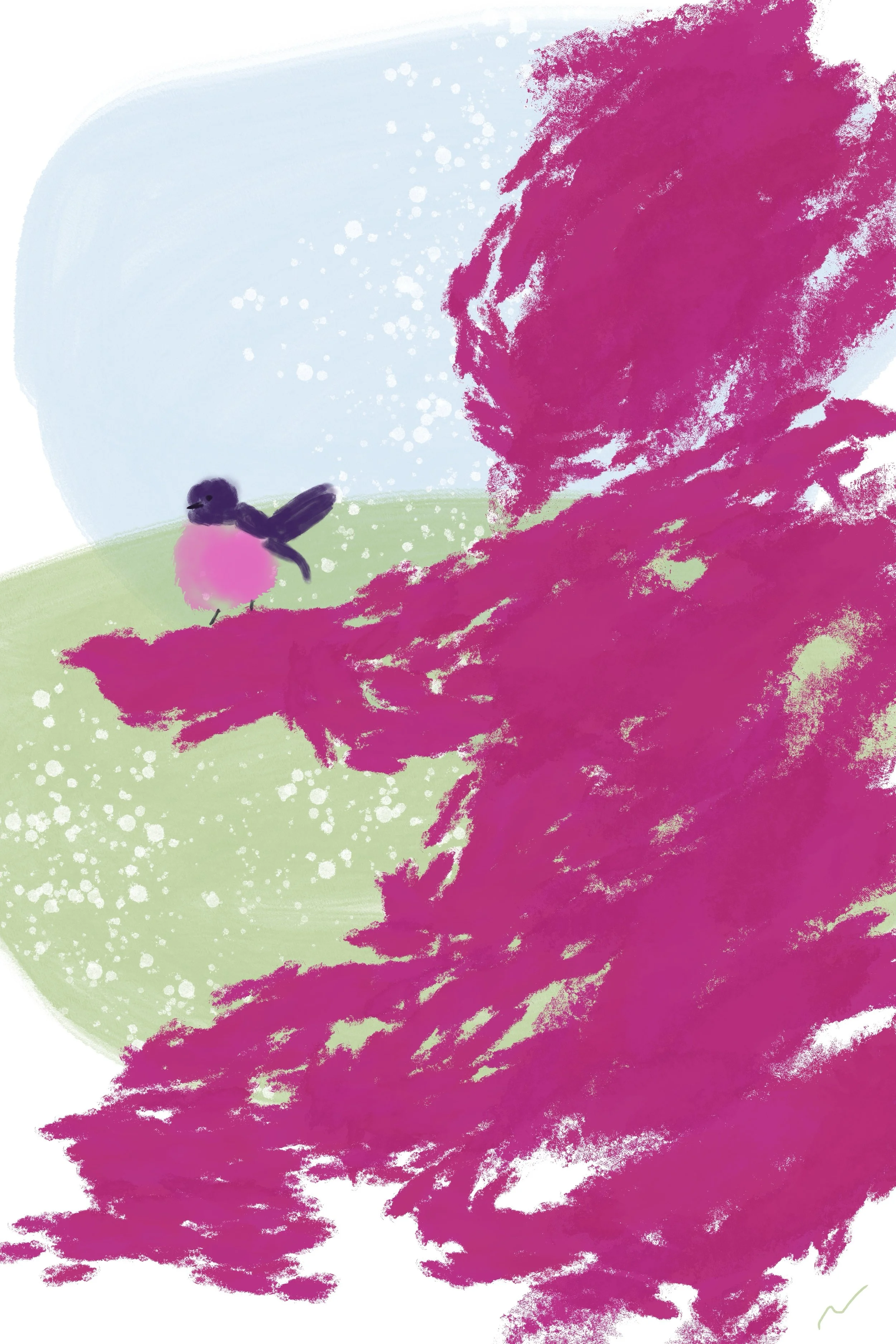 Hand-painted graffiti style landscape art featuring a vibrant, textured magenta conifer tree. Part of triptych, 1 of 3.