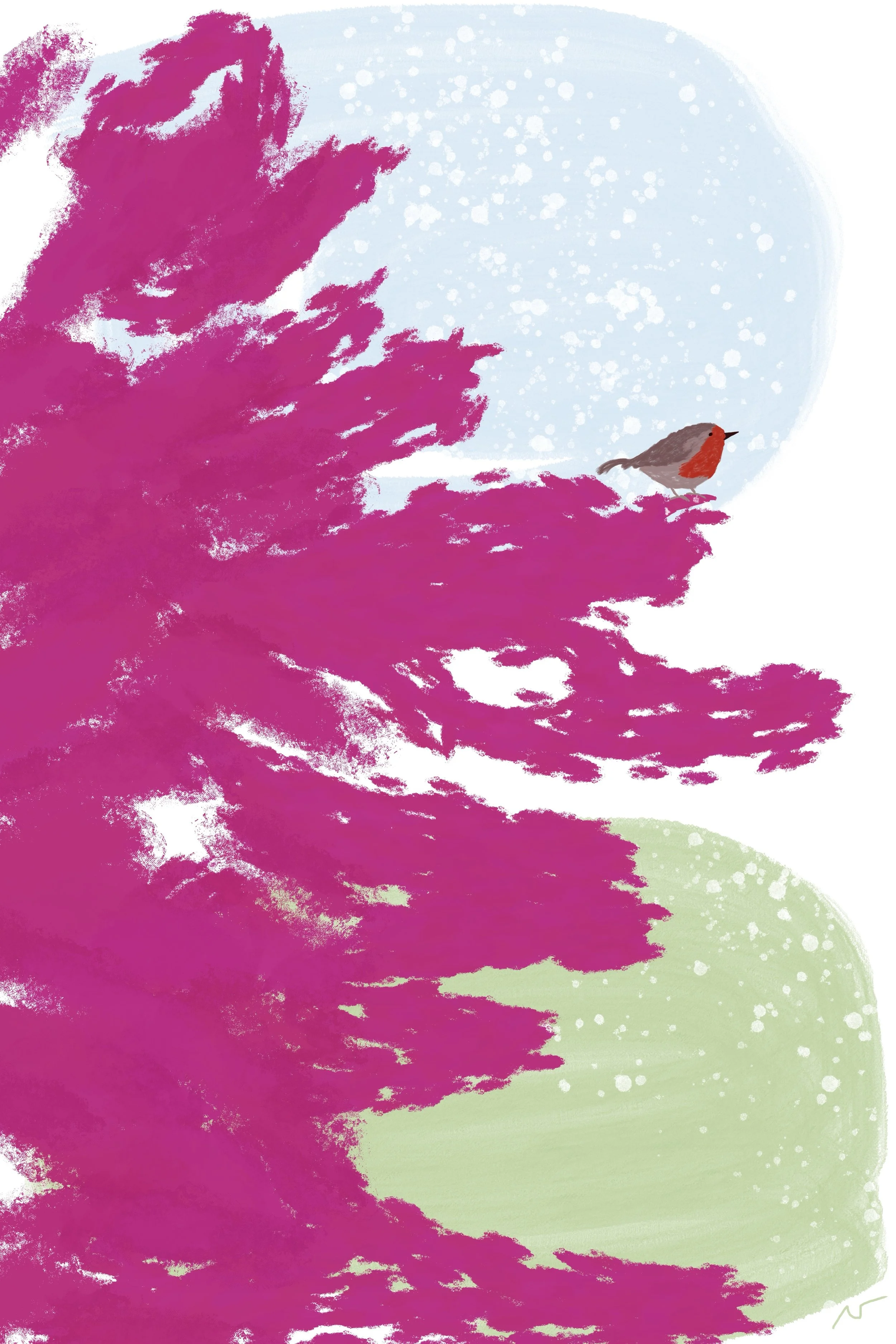 Hand-painted graffiti style landscape art featuring a vibrant, textured magenta conifer tree. Part of triptych, 2 of 3.
