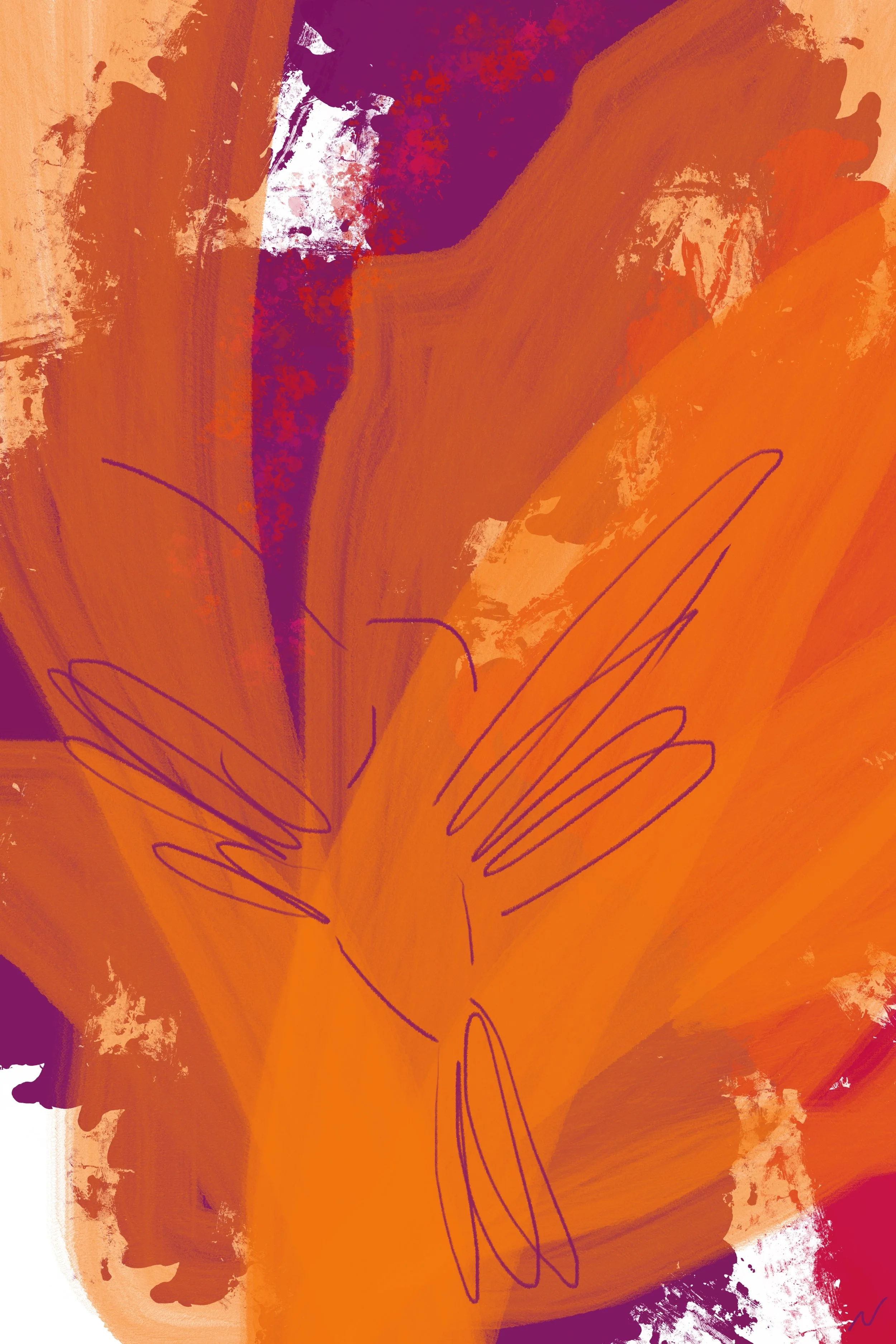 Textured impasto-style painting of a hummingbird in flight, featuring vibrant Tangerine Disco orange and Electric Fuchsia magenta purple petals on a modern urban garden backdrop. Part of triptych, 2 of 3.