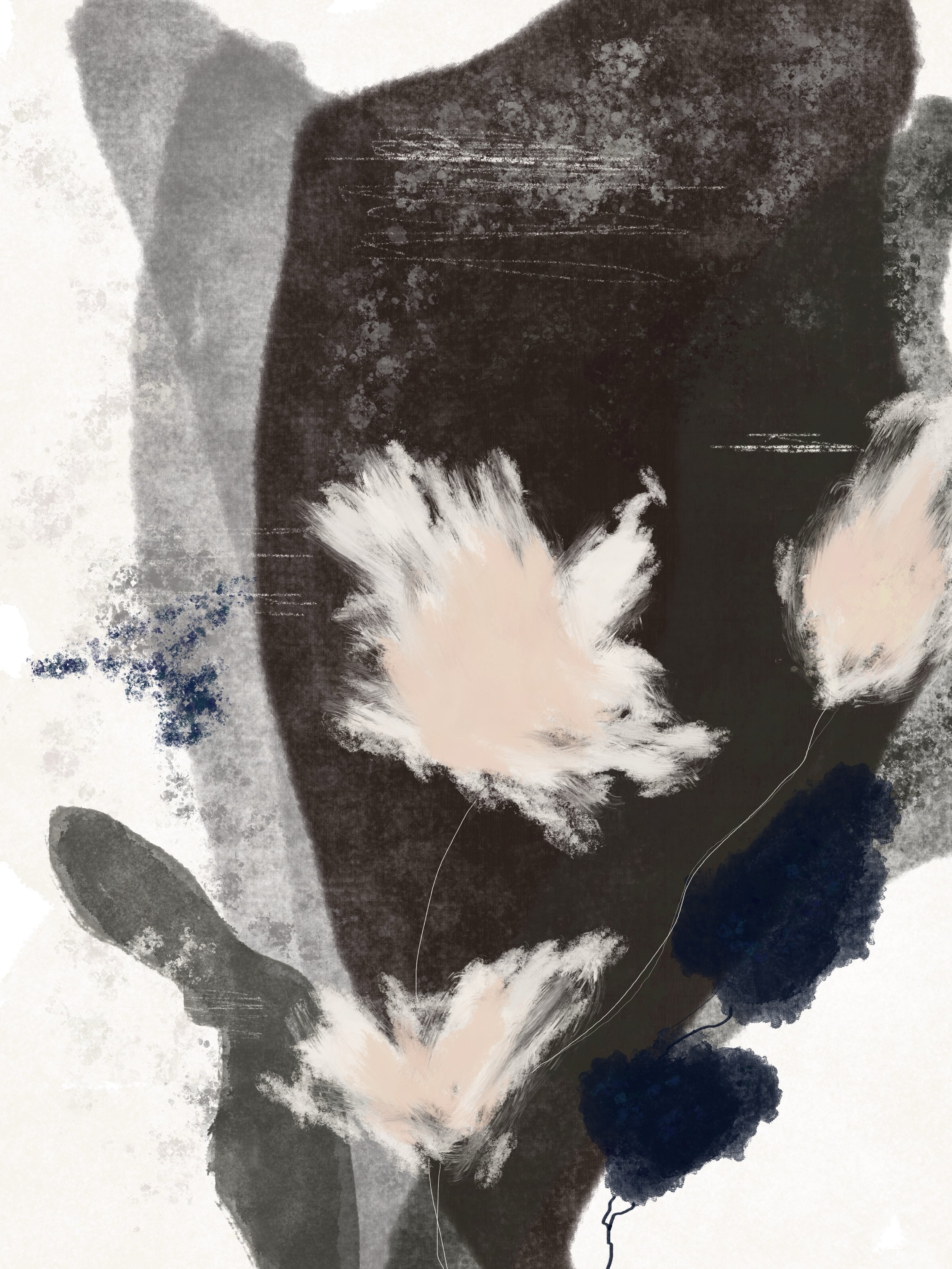 Abstract digital painting of pond garden nature, with two white and pink flowers and blue accents in the background.