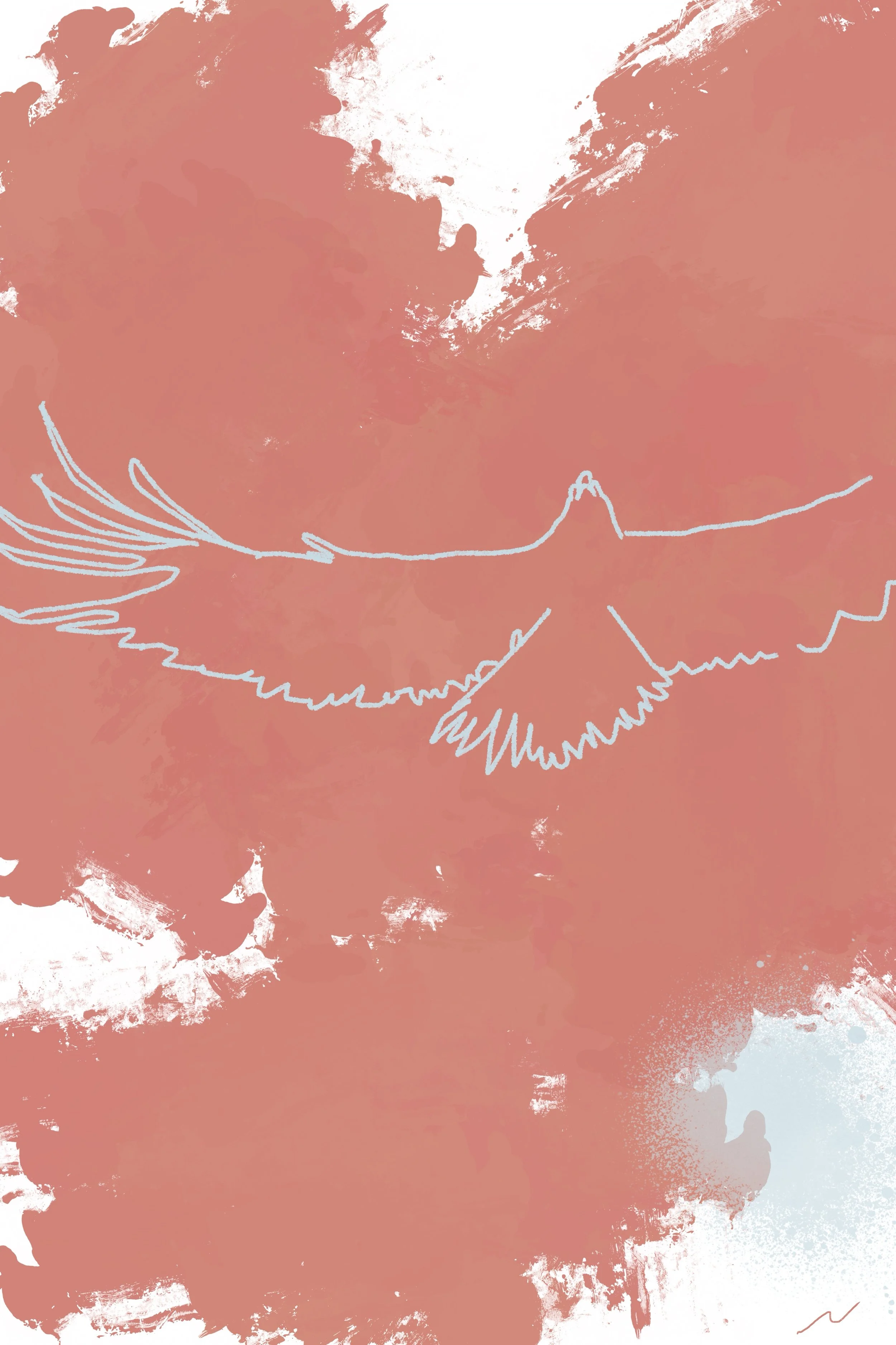 My Deeply Rooted Desire for Freedom I urban landscape in coral and mellow blue palette, featuring a one-line eagle soaring in the sky. Part I of a triptych.