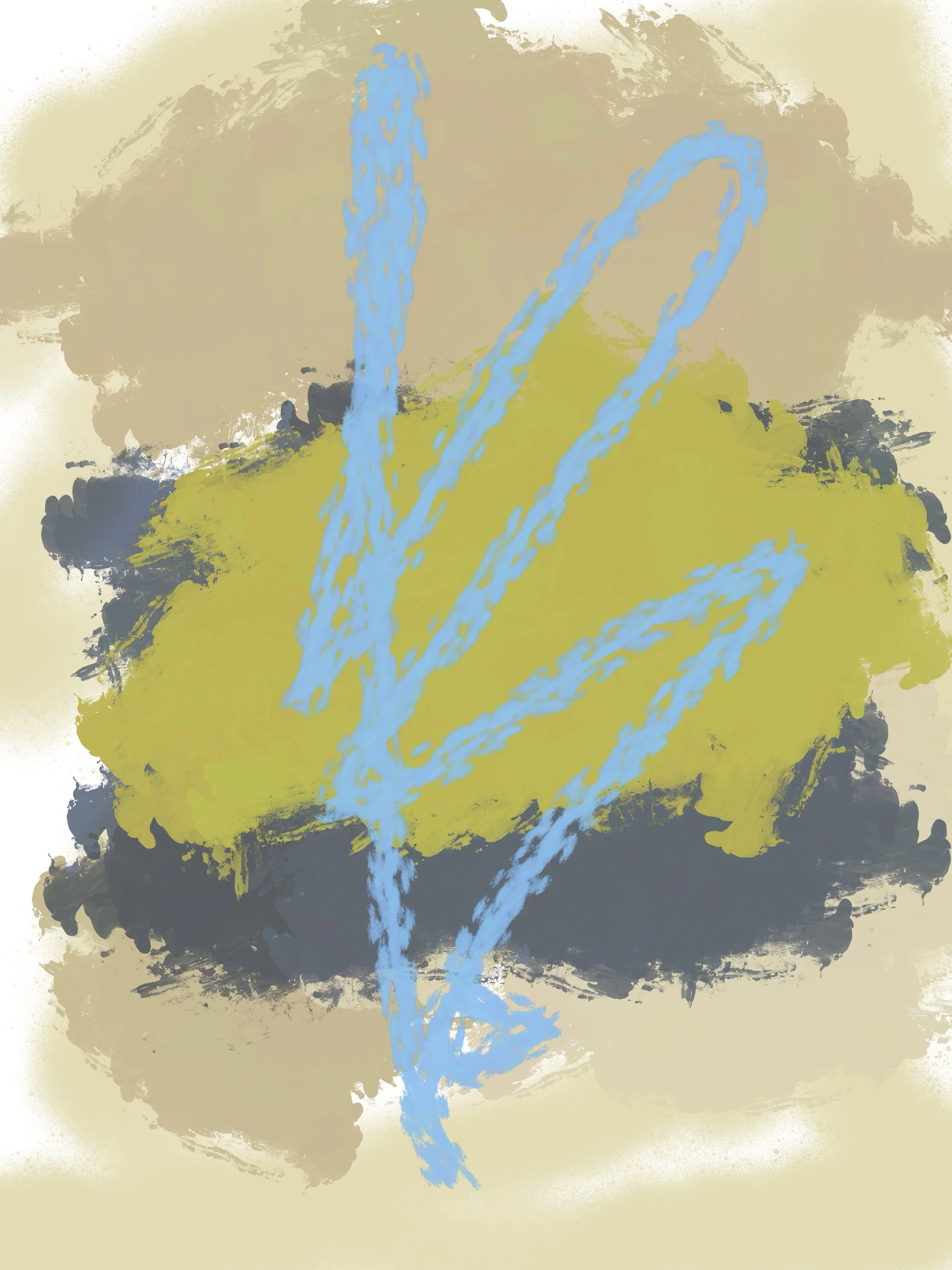 Abstract digital painting with beige, dark gray, black, yellow-green background, and light blue brushstrokes.