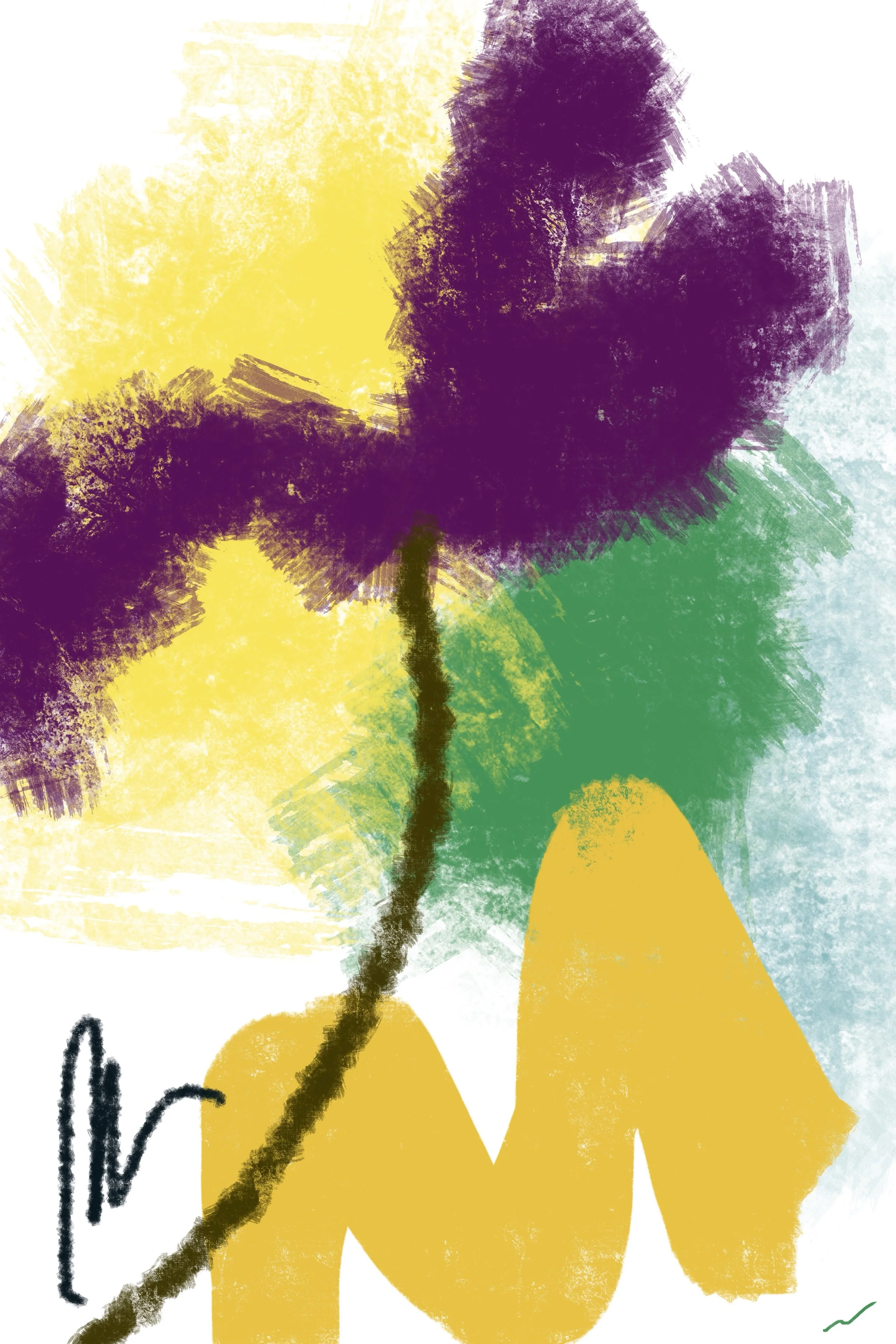 My World: A Sanctuary Made Entirely of Sound I original digital artwork featuring lush tropical botanical forms, vivid neon color, graffiti-inspired textures, expressive mark-making, and atmospheric light in a contemporary abstract composition.