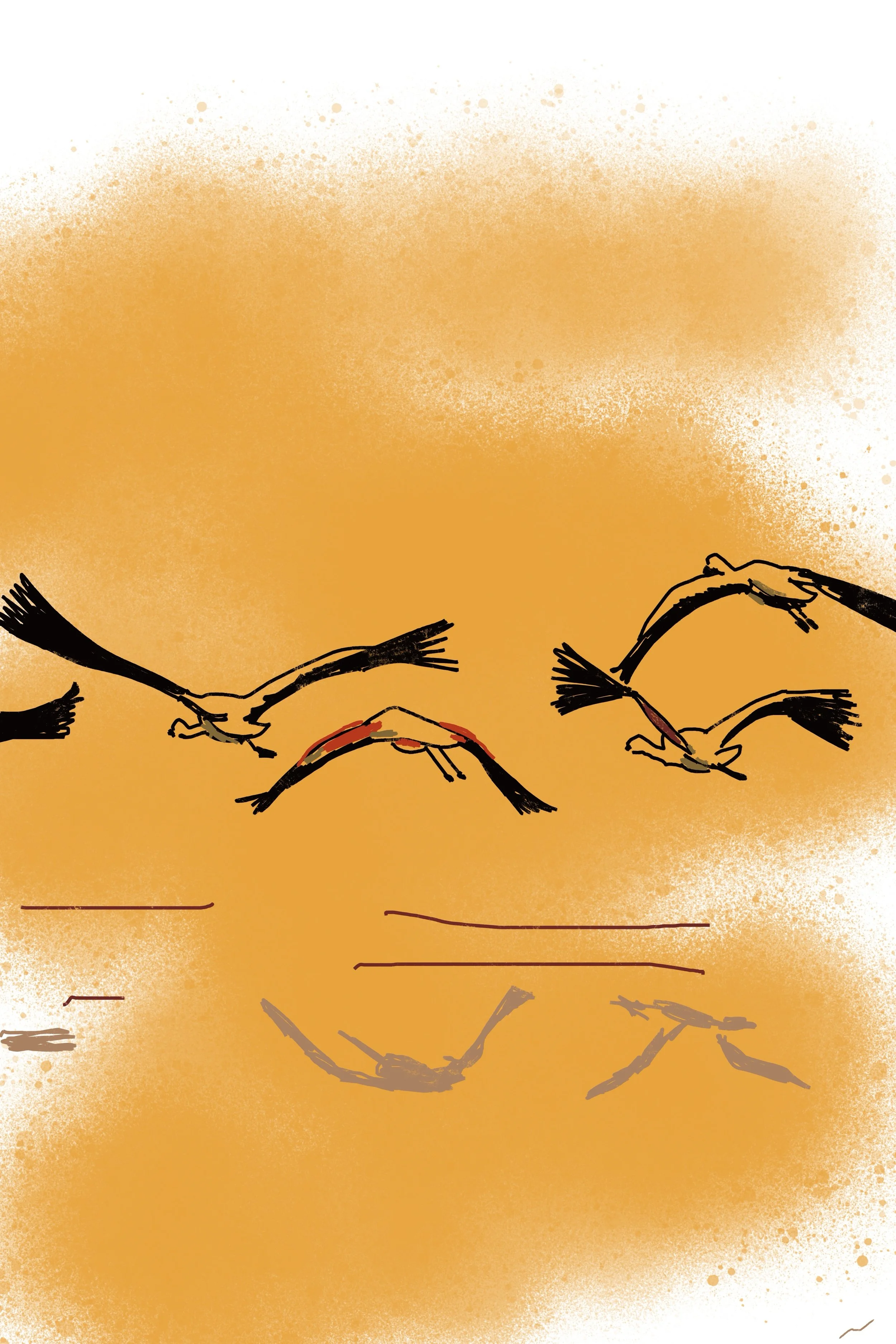 Fleeting Moments Are Here to Stay III abstract digital artwork featuring flying birds in a gold ochre palette. Part III of a triptych.