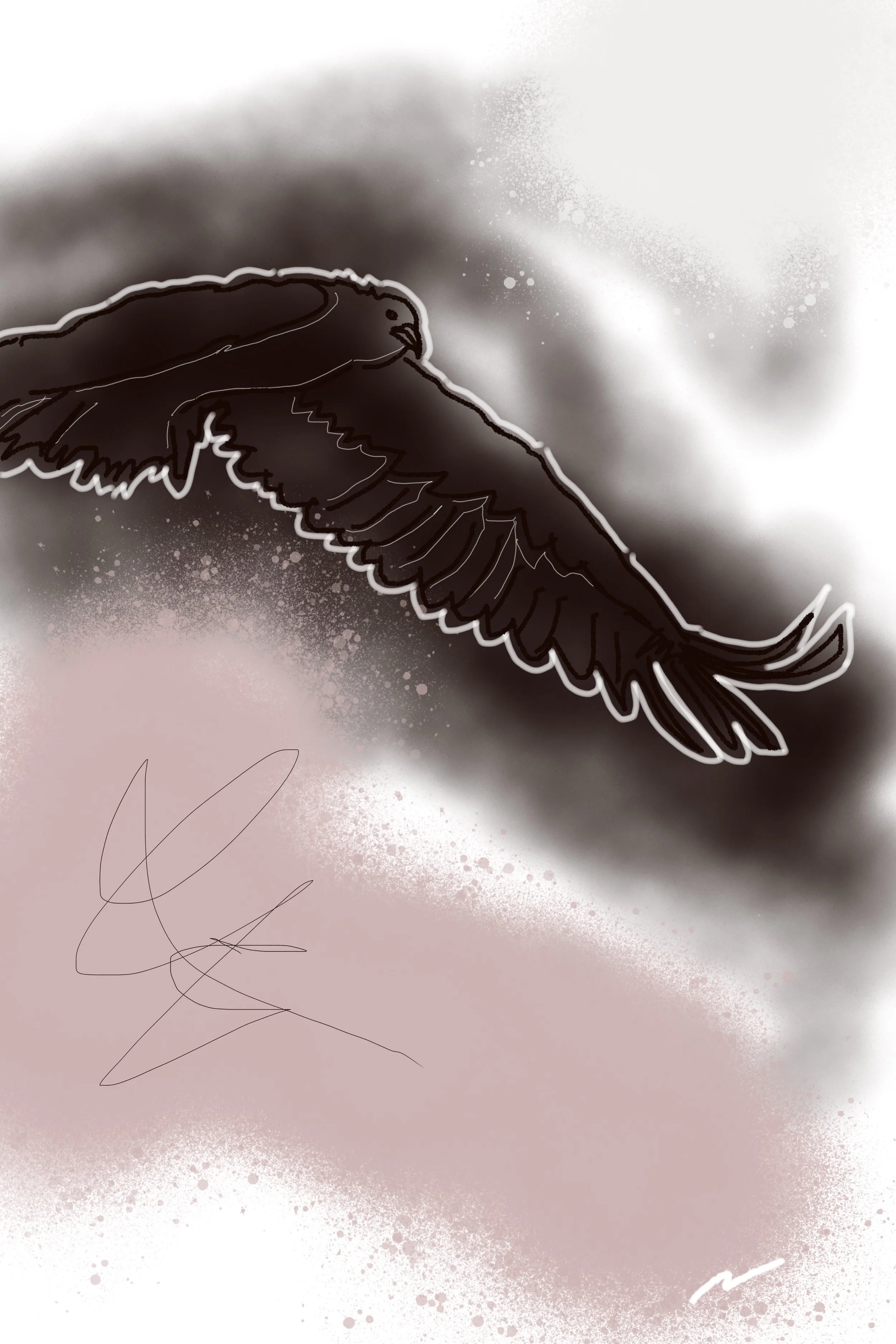 Like That of an Eagle, My Soul’s Ascent II expressive and nature-inspired urban graffiti artwork in luminous espresso and mauve palette, featuring a one-line eagle soaring in the sky. Part II of a triptych.