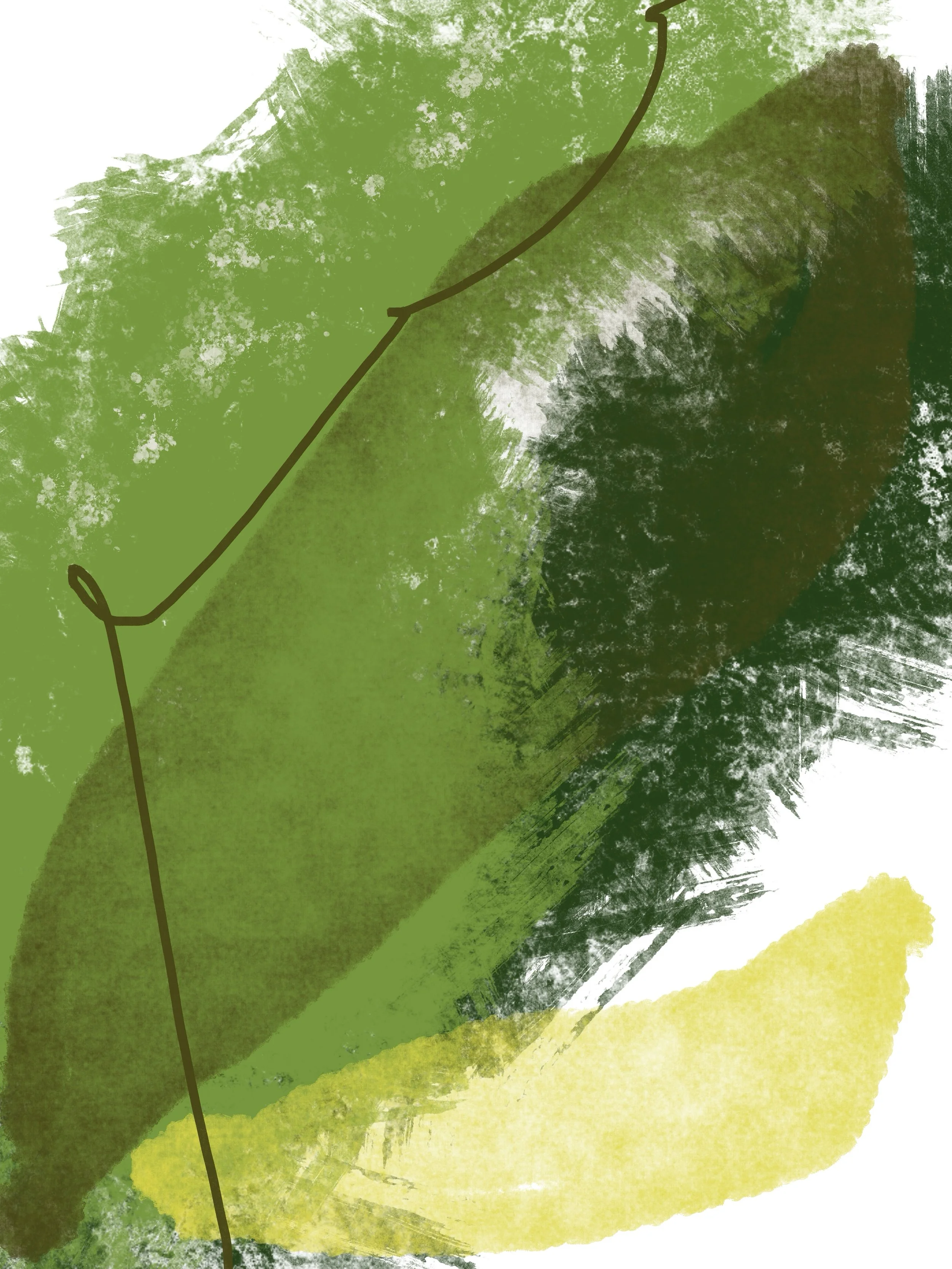 Abstract watercolor painting with green, yellow, black, and brown brushstrokes, featuring a brown line in the center.