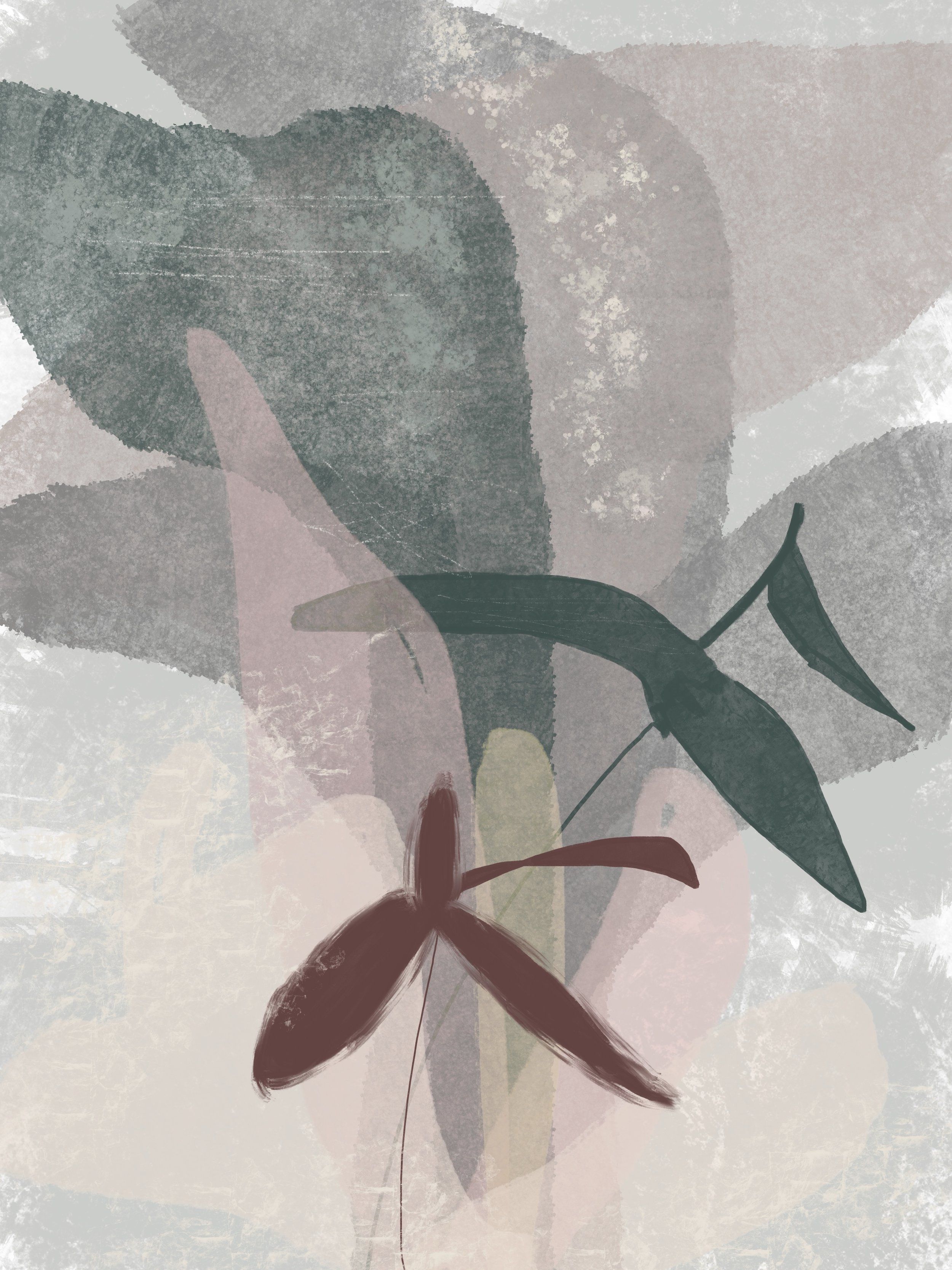 Illustration of a dragonfly with dark wings on a background of pastel-colored leaves and foliage.