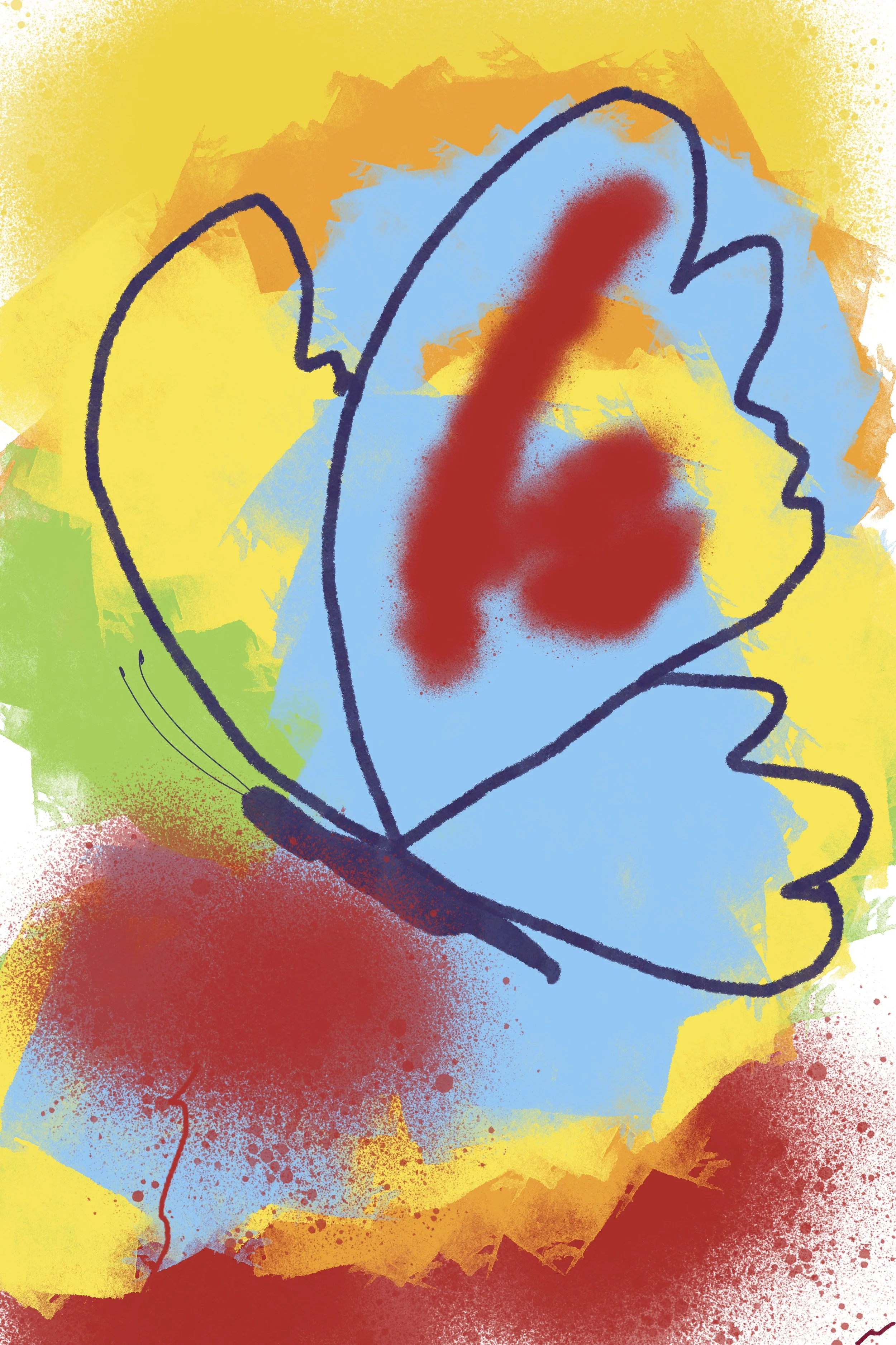 Vibrant graffiti-style butterfly artwork with bold yellow, blue, green, and red textures against a muted mauve background, expressive tropical jungle wall art with high-energy color movement. Part of triptych, 3 of 3.