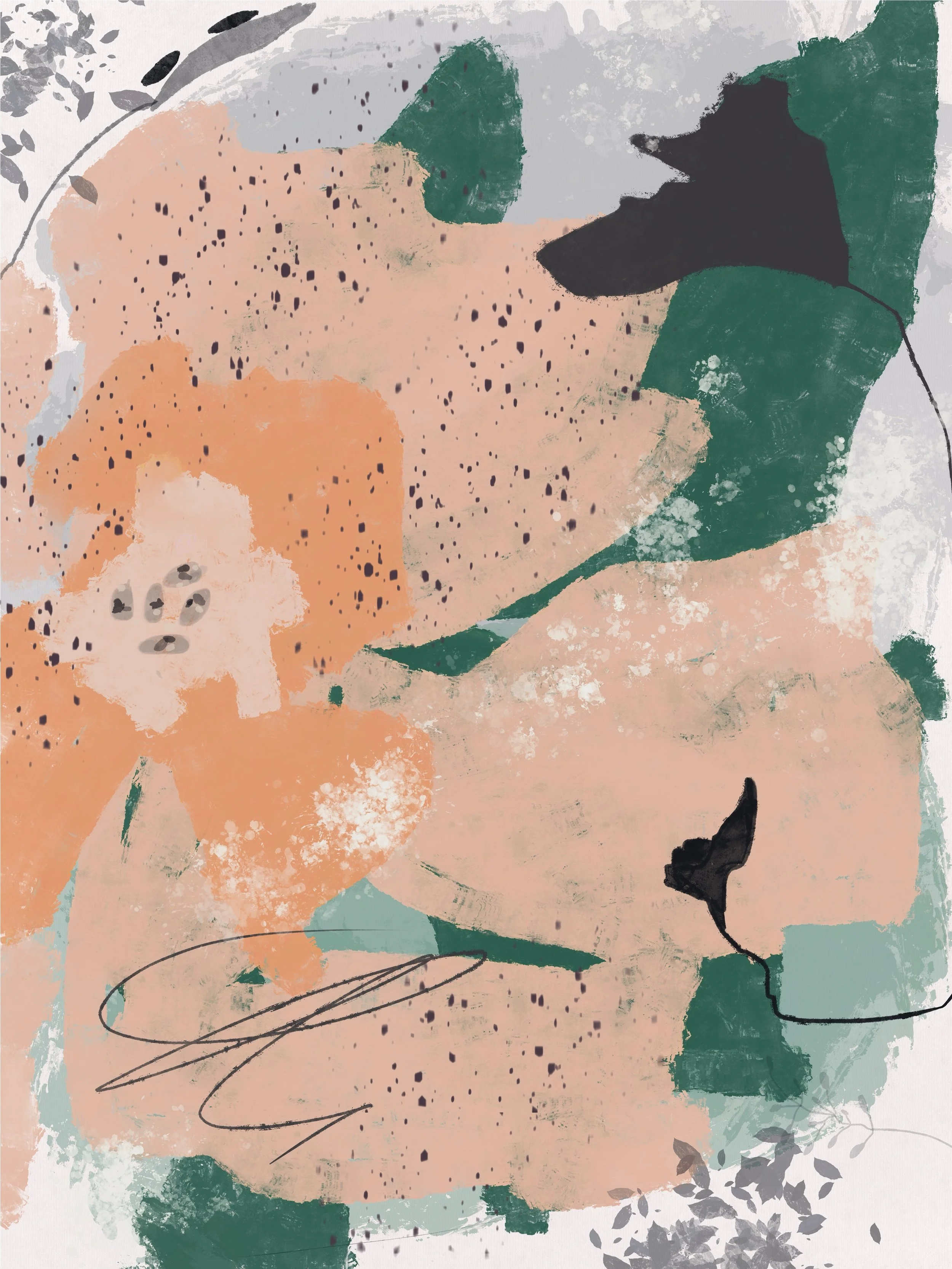 Abstract digital botanical triptych featuring ethereal petals, radiant light-filled leaves, and soft multi-layered movement in contemporary luminous tones. Thrumming in the Wind triptych, 3 of 3.