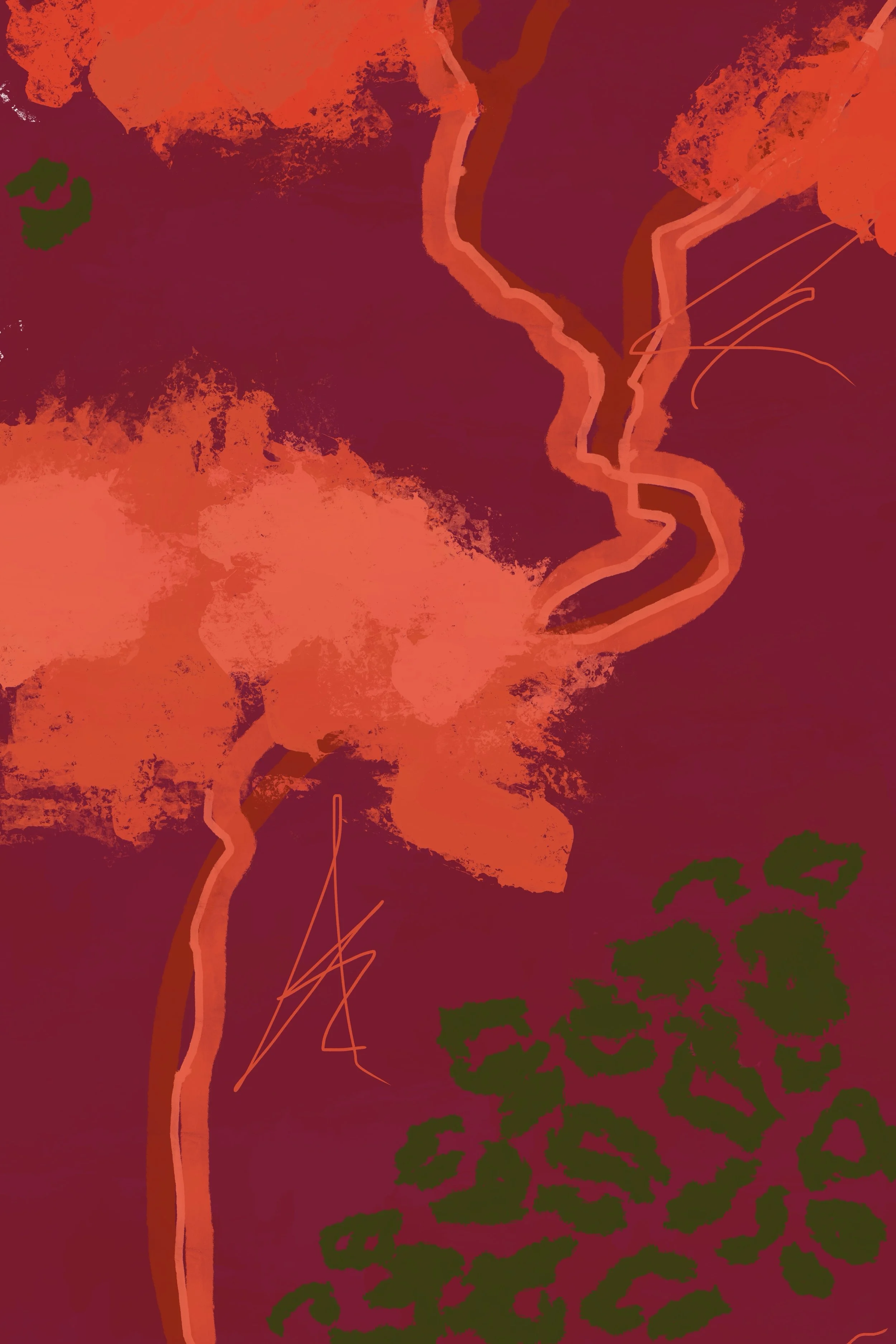 Even as Wildcats Prowl Near, I Stand Strong II, contemporary expressive artwork depicting surreal forest in a moody red palette.