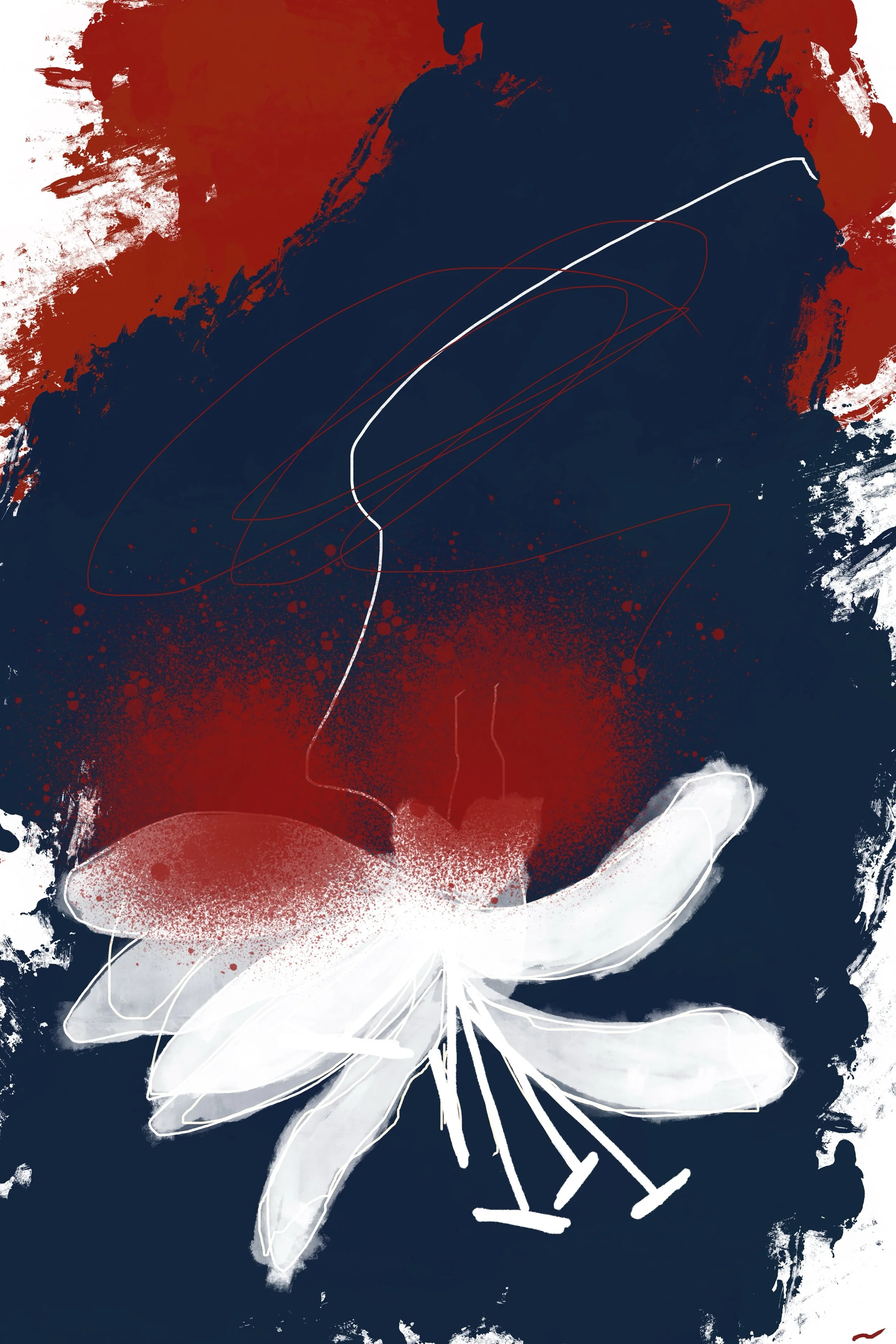 You’re the Beautiful Anomaly in the Quiet Rhythm of My Days I original digital artwork with rich midnight blue and cadmium red tones, layered textures, white botanical forms, and expressive street-art-inspired mark making.