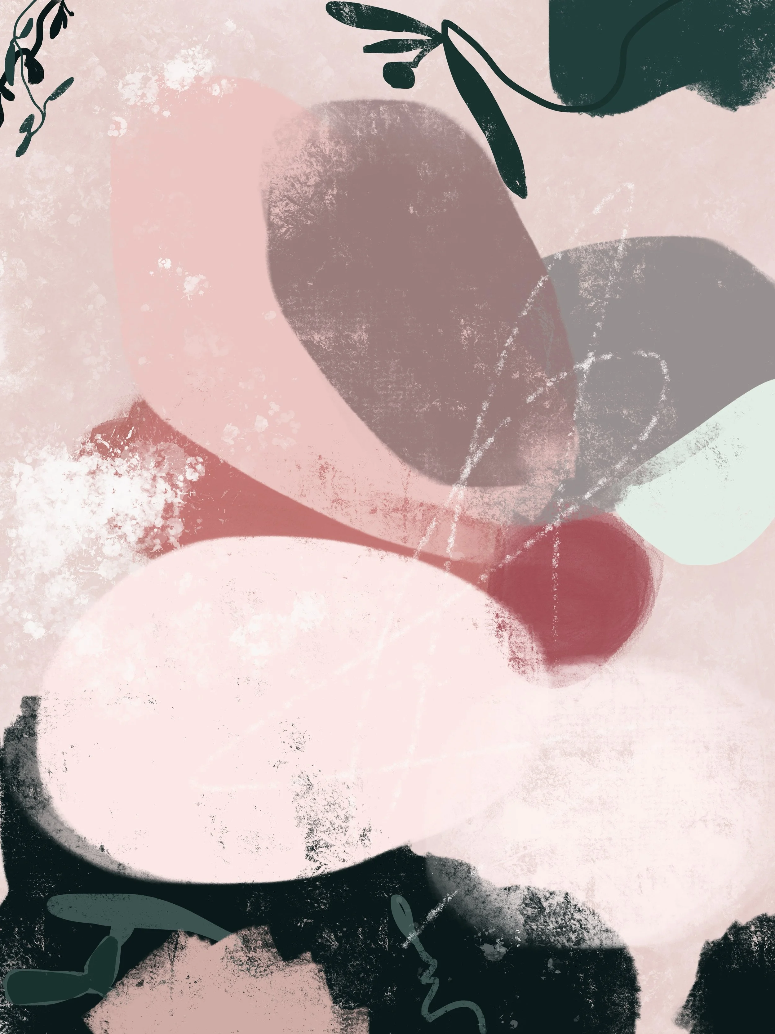 Abstract artwork featuring soft pastel pink, gray, and dark green hues, with layered, textured shapes and botanical line drawings.