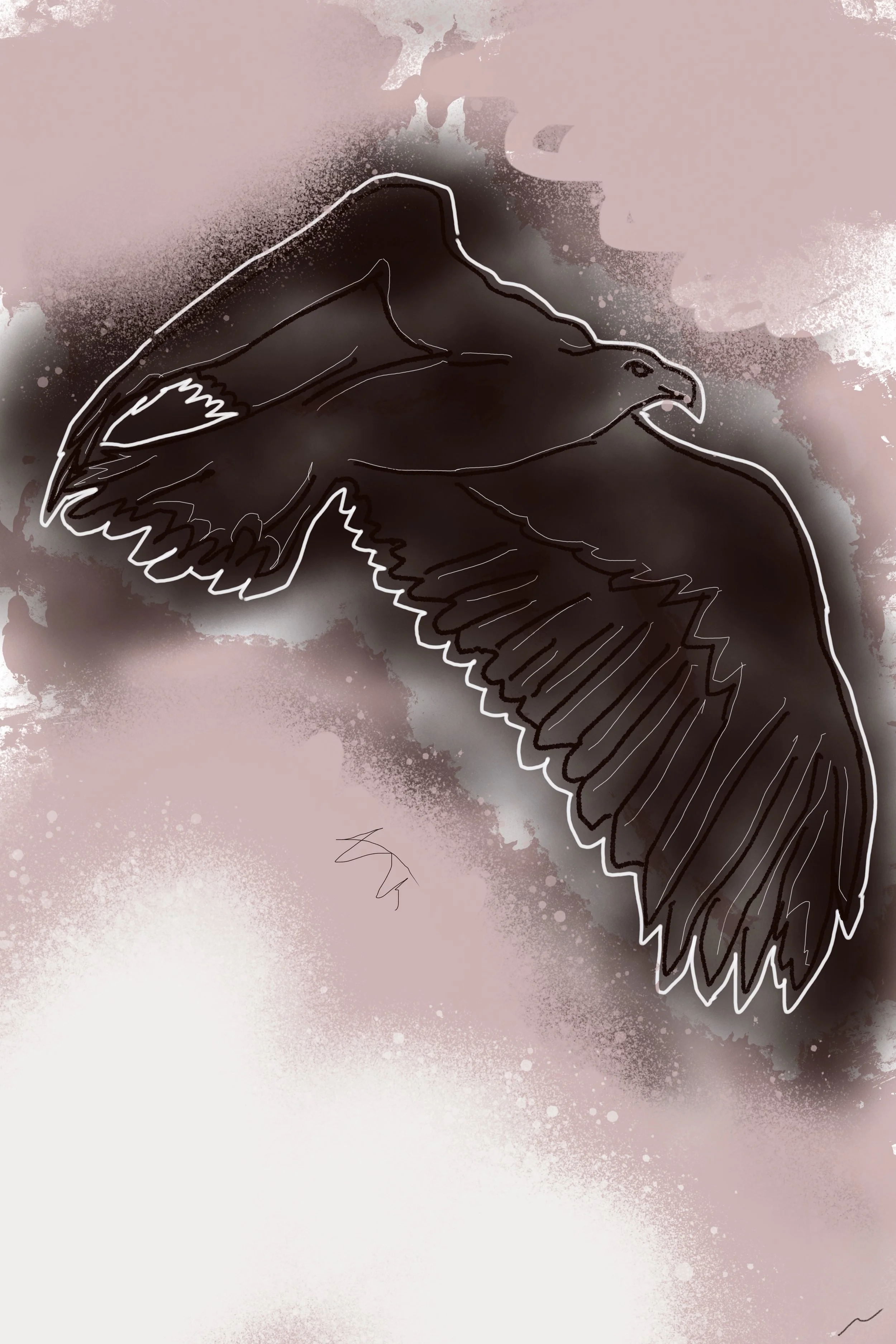 Like That of an Eagle, My Soul’s Ascent I expressive and nature-inspired urban graffiti artwork in luminous espresso and mauve palette, featuring a one-line eagle soaring in the sky. Part I of a triptych.