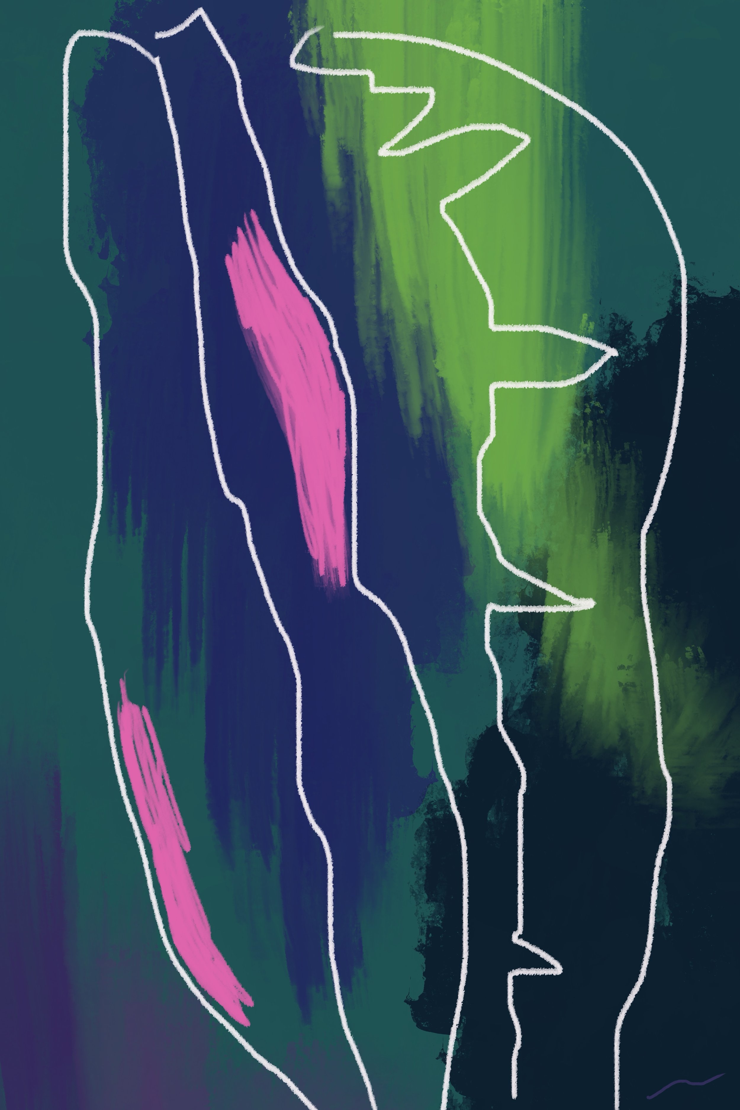 Kindness: Strongly Drawn to You III original digital artwork featuring layered jungle-inspired abstraction with graffiti-influenced textures, expressive painterly movement, vivid nocturnal color, and contemporary urban energy.