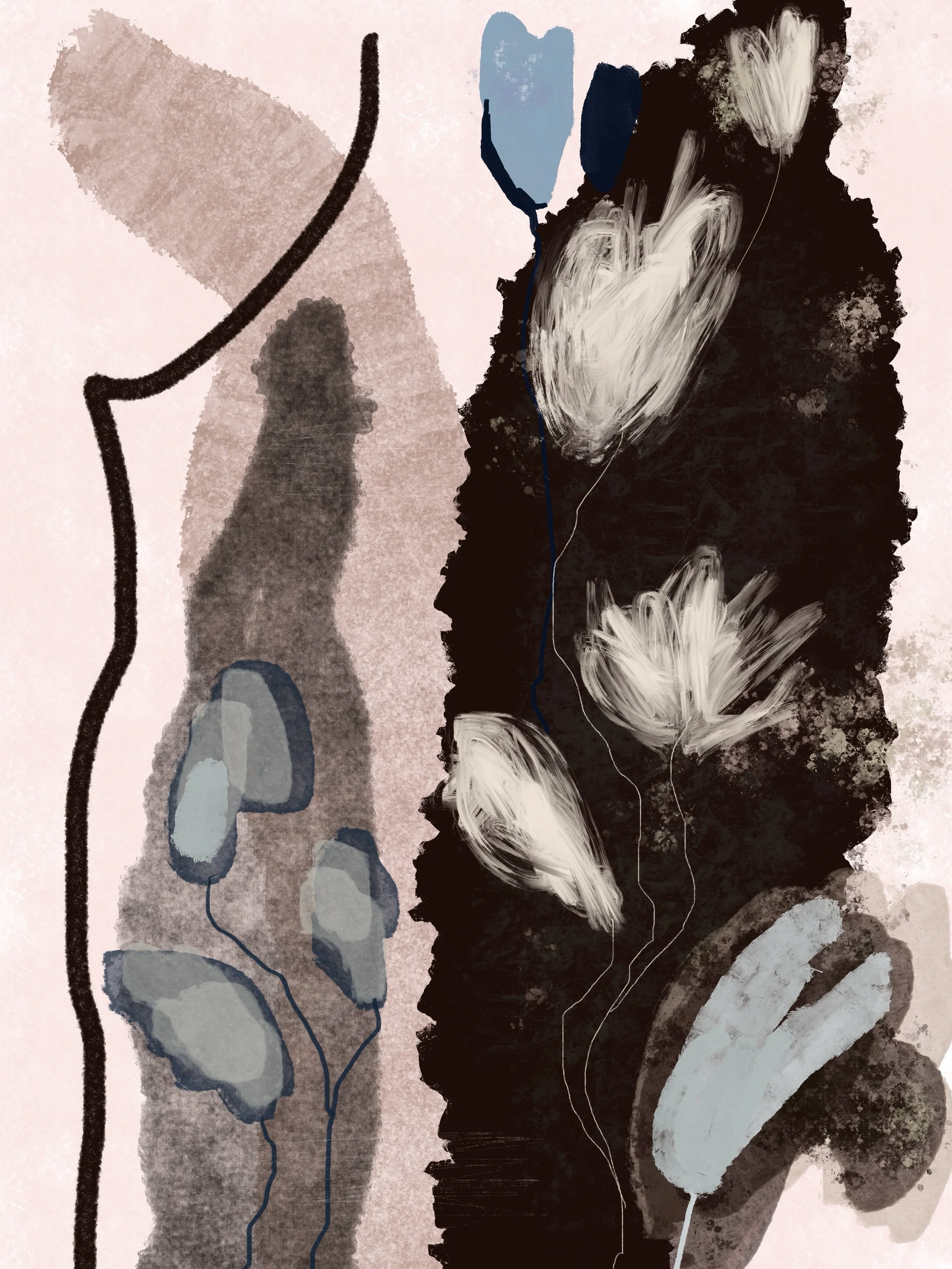 Abstract artwork featuring black, gray, and white floral and organic shapes on a light pink background.