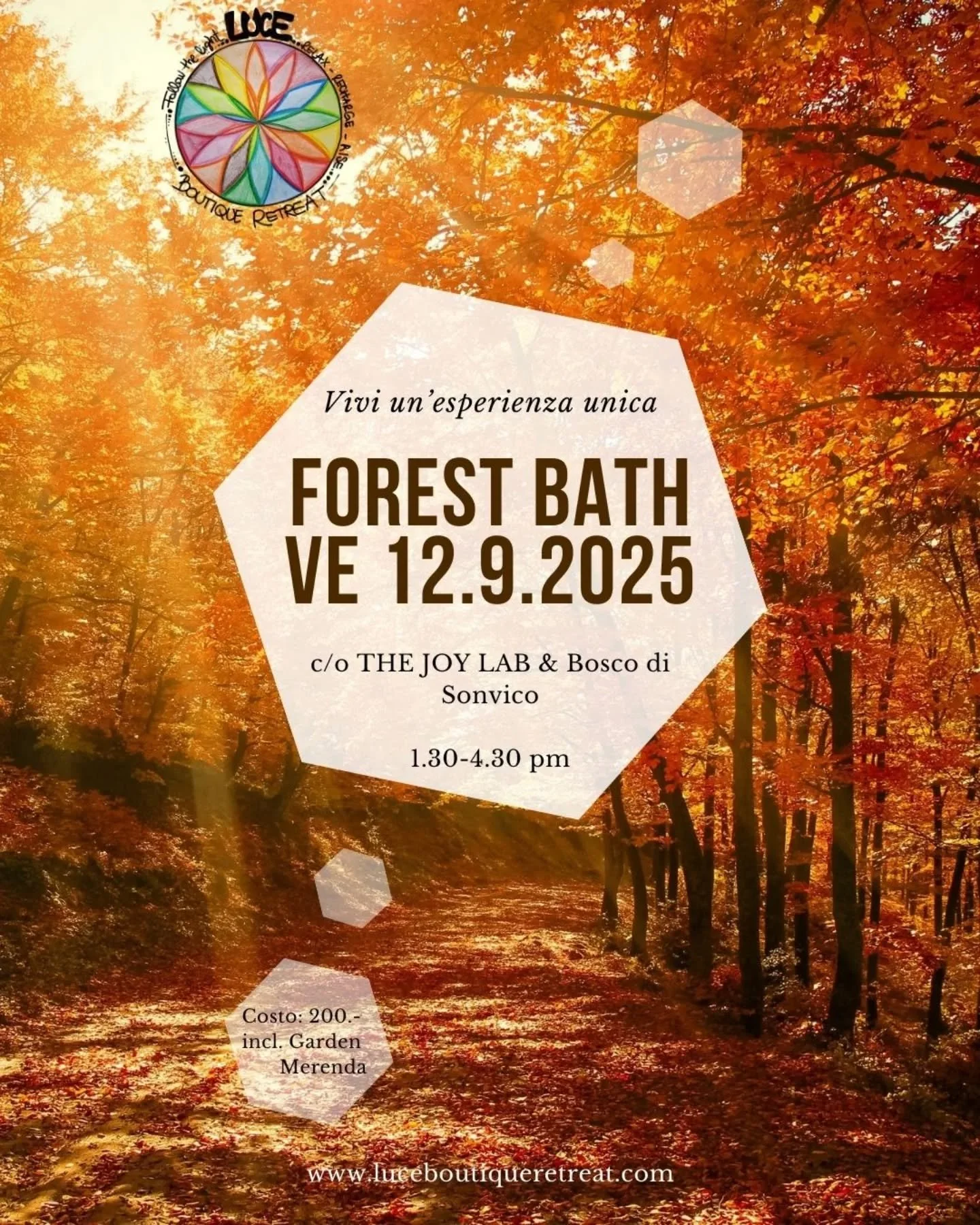 BAGNO NELLA FORESTA

Venerd&igrave; 12 settembre 2025

13:30&nbsp;&nbsp;16:30

LUCE BOUTIQUE RETREAT E THE JOY LAB Str&aacute;da de V&eacute;rscior 7,&nbsp;Lugano, TI, 6968&nbsp;Svizzera&nbsp;(mappa)

Il Forest Bath &eacute; una pratica per imparare 