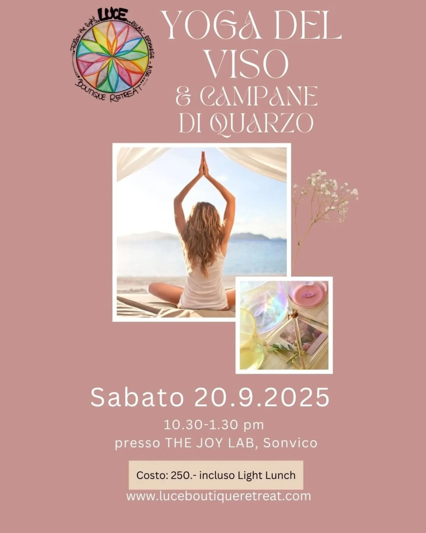 YOGA DEL VISO e CAMPANE DI QUARZO

Saturday, September 20, 2025

10:30 AM&nbsp;&nbsp;1:15 PM

LUCE BOUTIQUE RETREAT &amp; THE JOY LAB Str&aacute;da de V&eacute;rscior 7, Lugano, TI, 6968 Svizzera&nbsp;(map)

Un evento dedicato alla bellezza consapevo