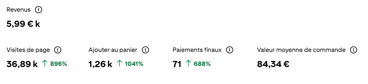 Tableau de résultats pinterest avec revenus de 5,99 k€, visites de page 36,89 k€, ajout au panier 1,26 k€, paiements finaux 71, valeur moyenne de commande 84,34 €.