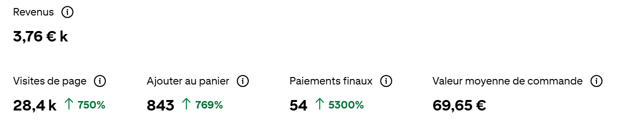Capture d'écran de l'interface pinterest montrant des statistiques telles que Revenu, visites de page, ajout au panier, paiements finaux, et valeur moyenne de commande, avec des chiffres et pourcentages en vert.