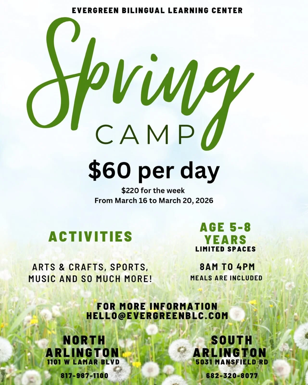 🌸🌞 Spring Camp is Coming! 🌞🌸

We&rsquo;re excited to share that Spring Camp for children ages 5&ndash;8 is officially OPEN for enrollment! 🎉

Get ready for a spring full of: 
🌷 Hands-on activities
🎨 Creative projects
🌳 Outdoor exploration
📚 