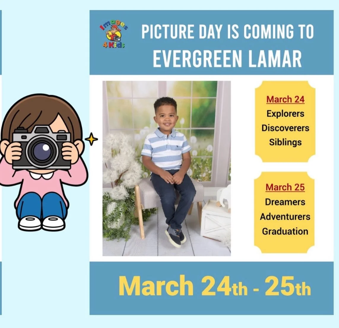 📸 SAVE THE DATE &ndash; PICTURE DAY! 📸

Get ready, Evergreen families!
Picture Day is coming soon, and we can&rsquo;t wait to capture our students&rsquo; beautiful smiles and special moments. 💙✨

👕 Please send your child dressed ready for picture