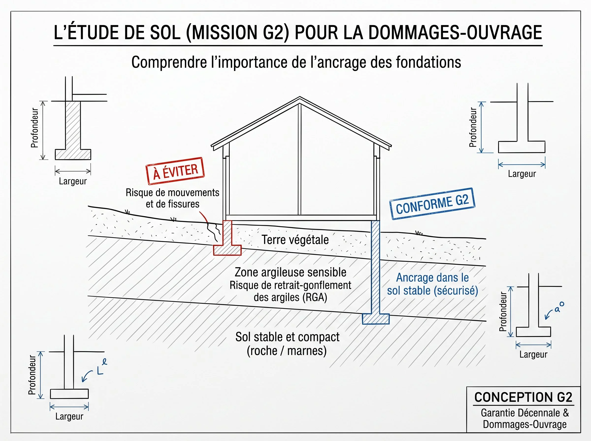 Schéma d'une étude de sol G2 montrant une fondation mal ancrée dans l'argile face à une fondation conforme ancrée dans le sol stable, pour une assurance dommages-ouvrage.