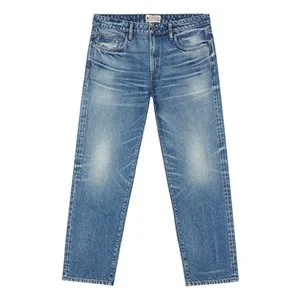 Blue denim jacket with chest pockets on a plain background.